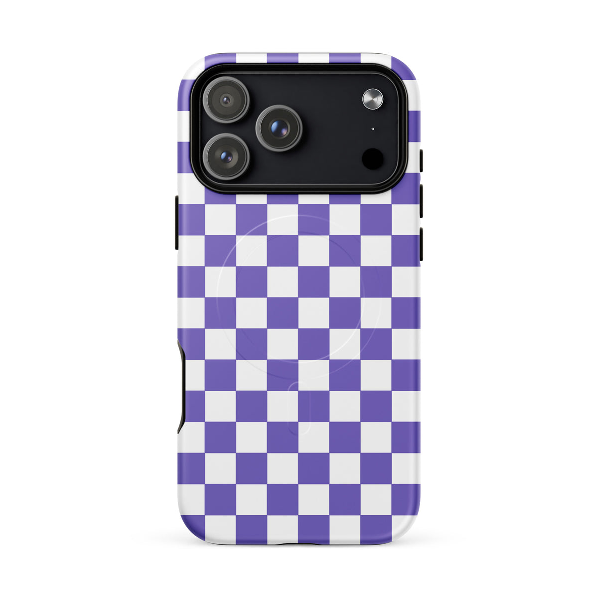 Magnetic Phone Case with purple and white checkered pattern for iPhone, stylish and playful design.