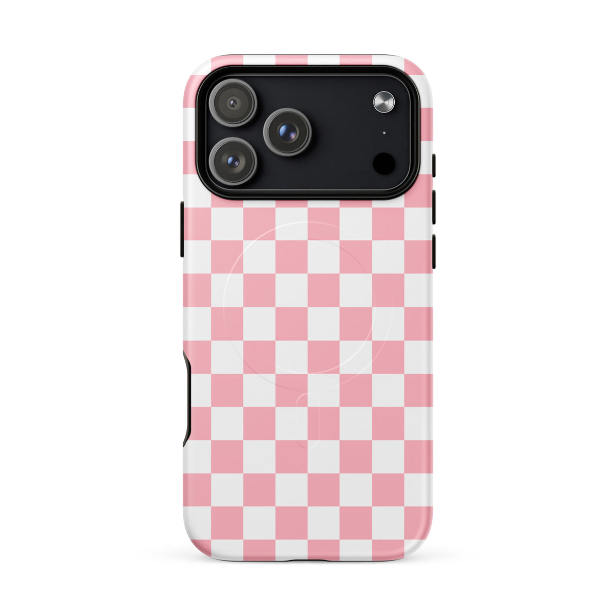 Magnetic Phone Case featuring playful pink and white checkered design for iPhone. Stylish accessory for fearless phone protection.
