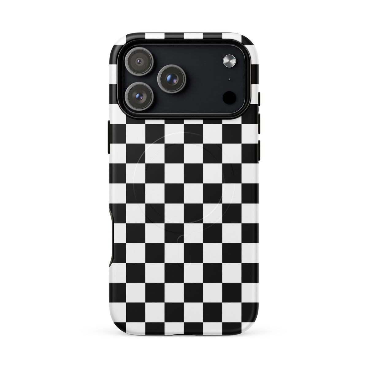 Magnetic Phone Case with bold black-and-white checkered pattern for iPhone, stylish design enhancing phone with playful racing vibe.