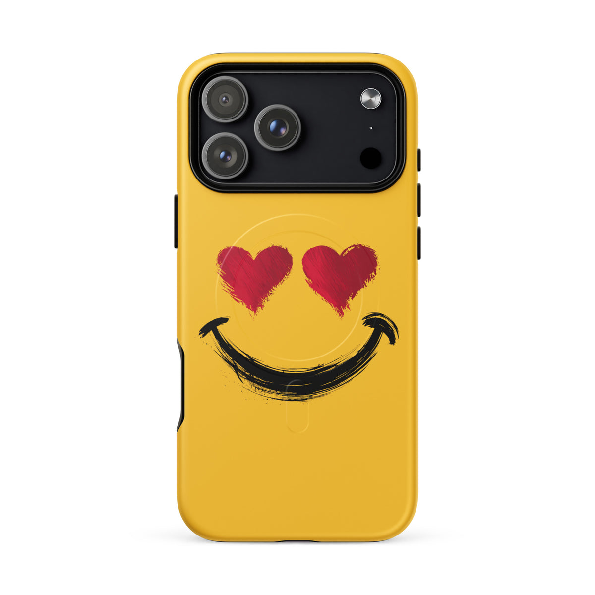 Magnetic Phone Case for iPhone with heart-eyes smiley art, bold style, vibrant colors, artistic textures, premium feel, playful design.