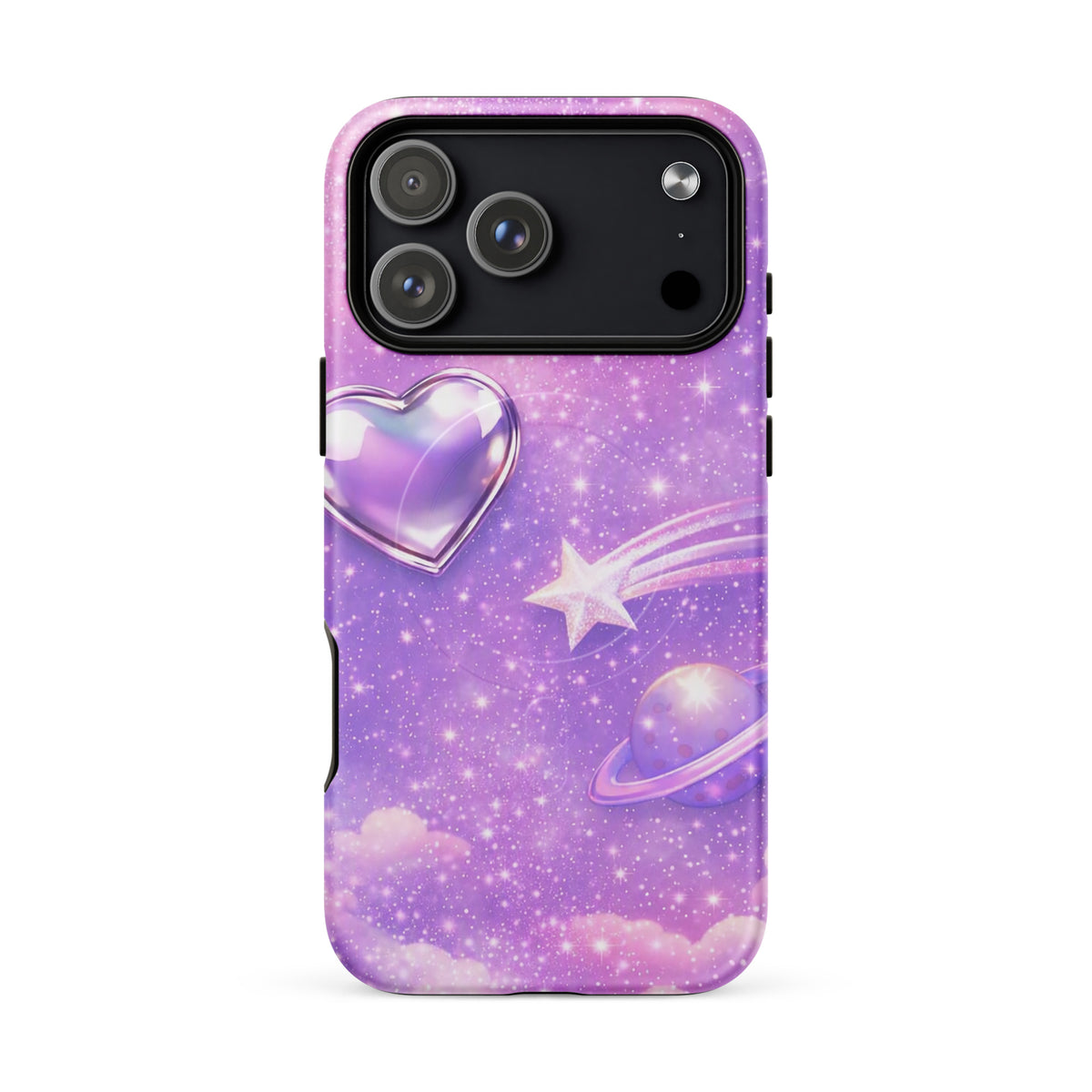 Magnetic Phone Case for iPhone with Cosmic Heart and Shooting Star design, featuring chrome heart and celestial artwork on pastel clouds.