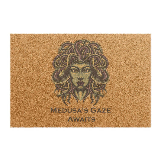 Medusa Halloween doormat featuring a snake-haired Medusa design and the text "Medusa's Gaze Awaits" on a textured background.