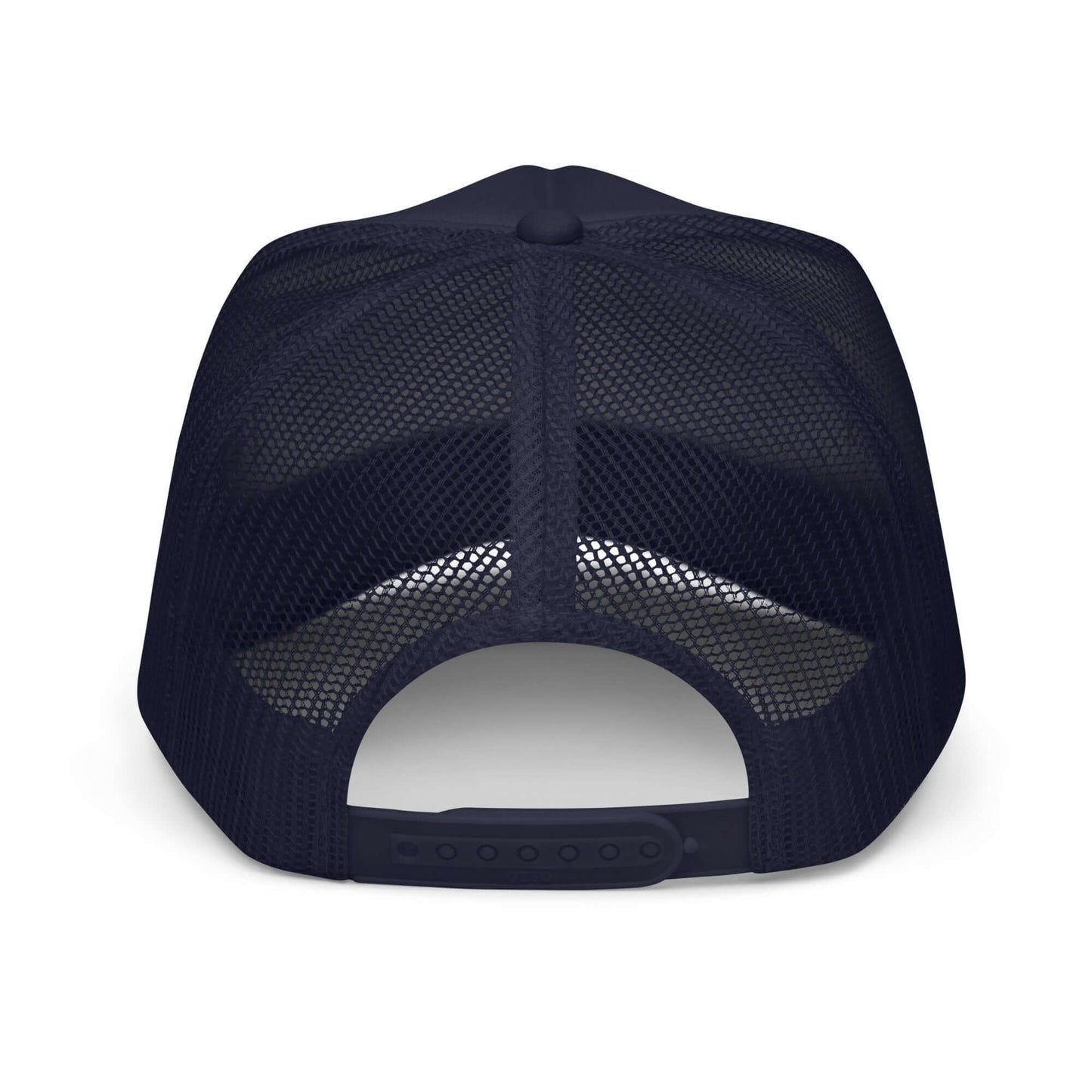 Black foam trucker hat with adjustable snap and breathable mesh back.