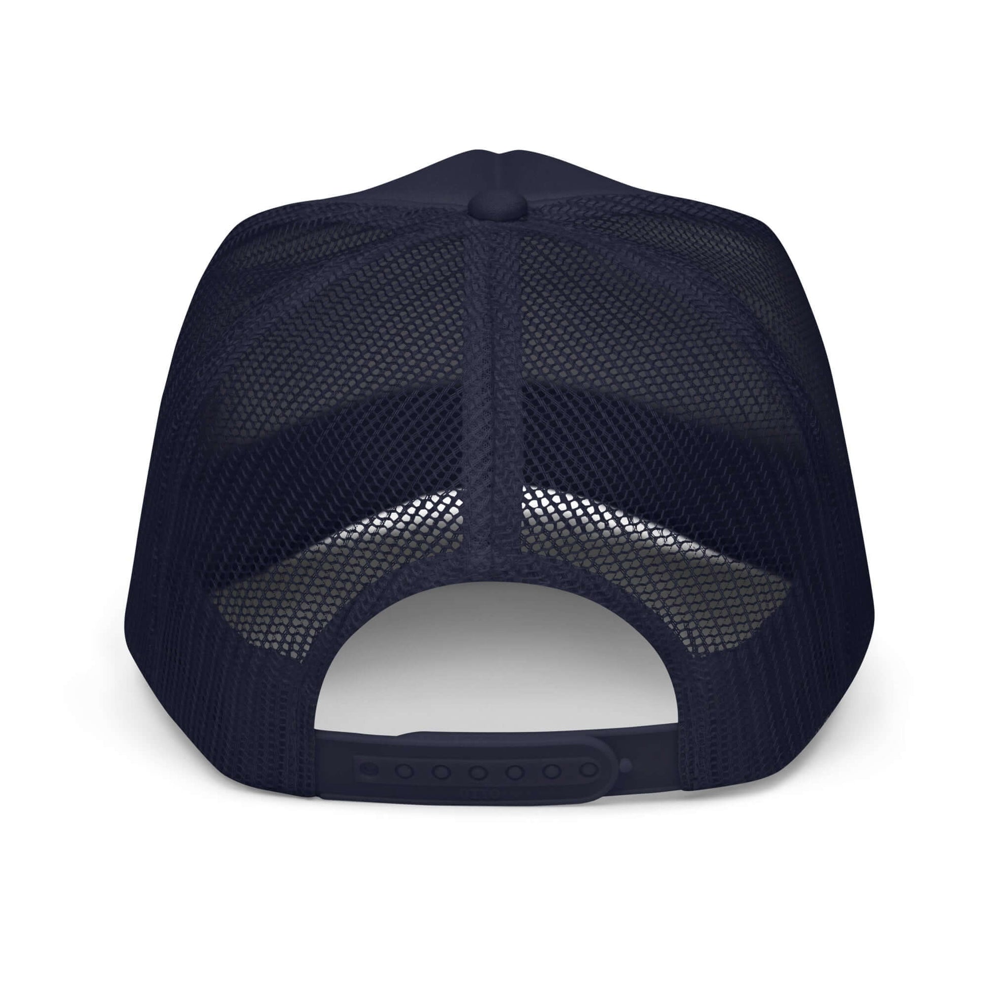 Black foam trucker hat with adjustable snap and breathable mesh back.