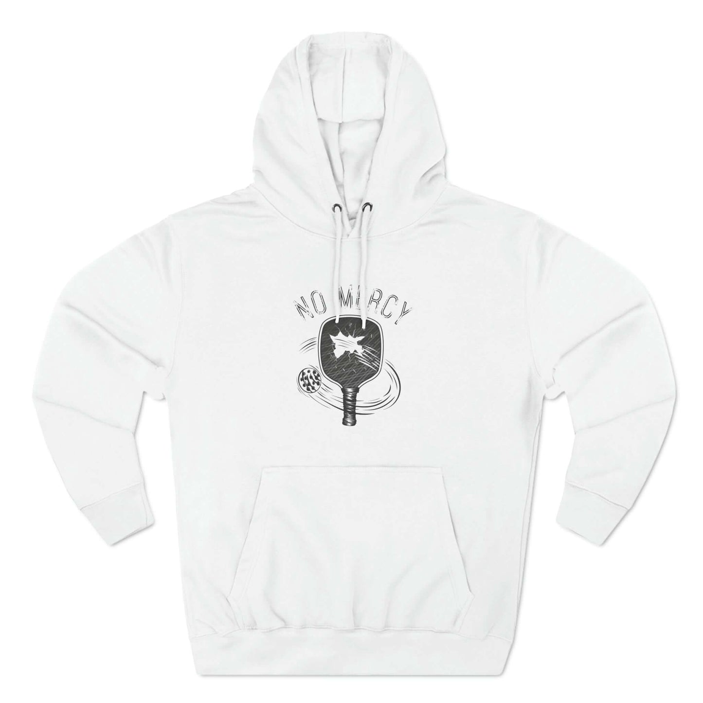 White No Mercy FO Pickleball Series Hoodie with paddle graphic, featuring fleece lining and durable stitching for warmth and agility.