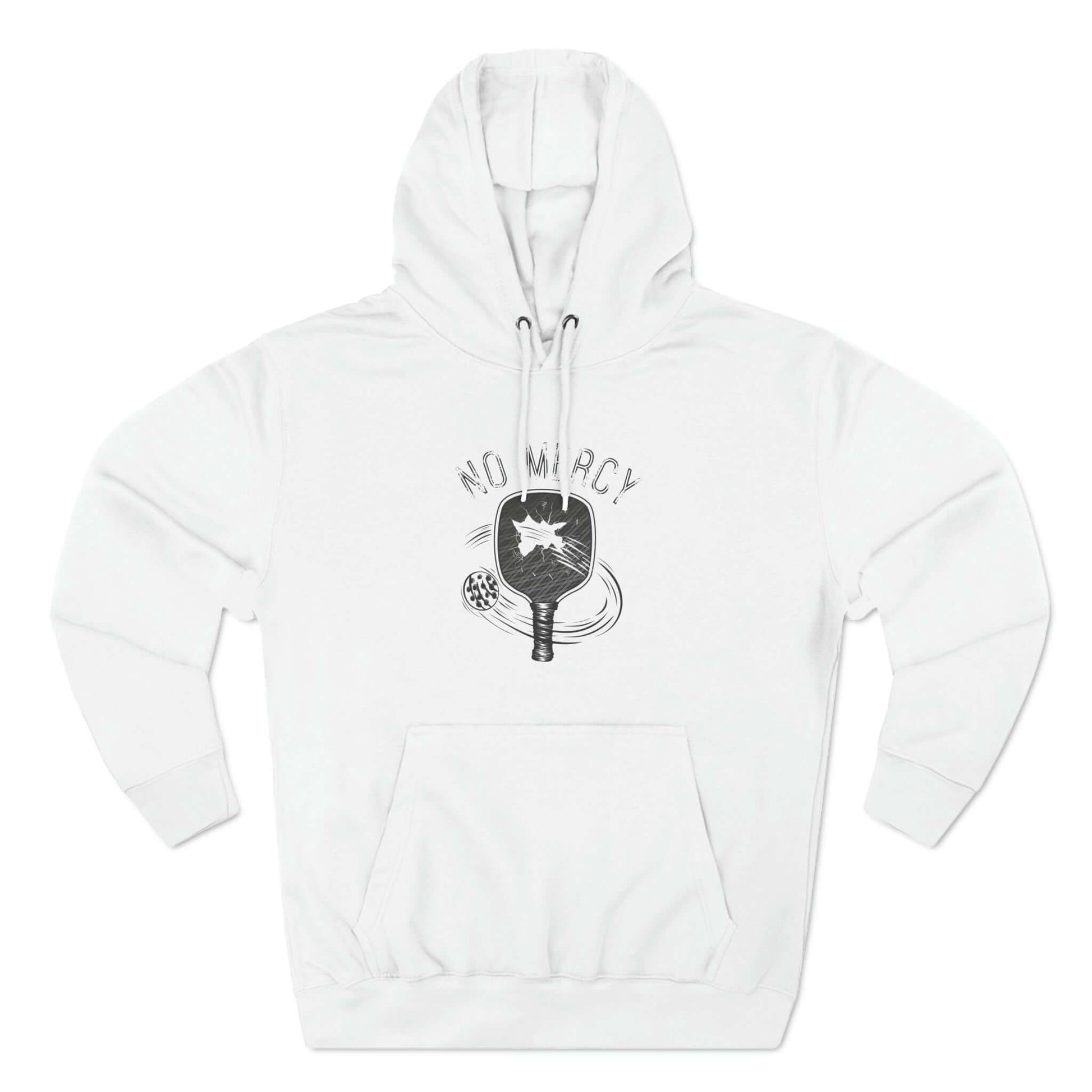 White No Mercy FO Pickleball Series Hoodie with paddle graphic, featuring fleece lining and durable stitching for warmth and agility.