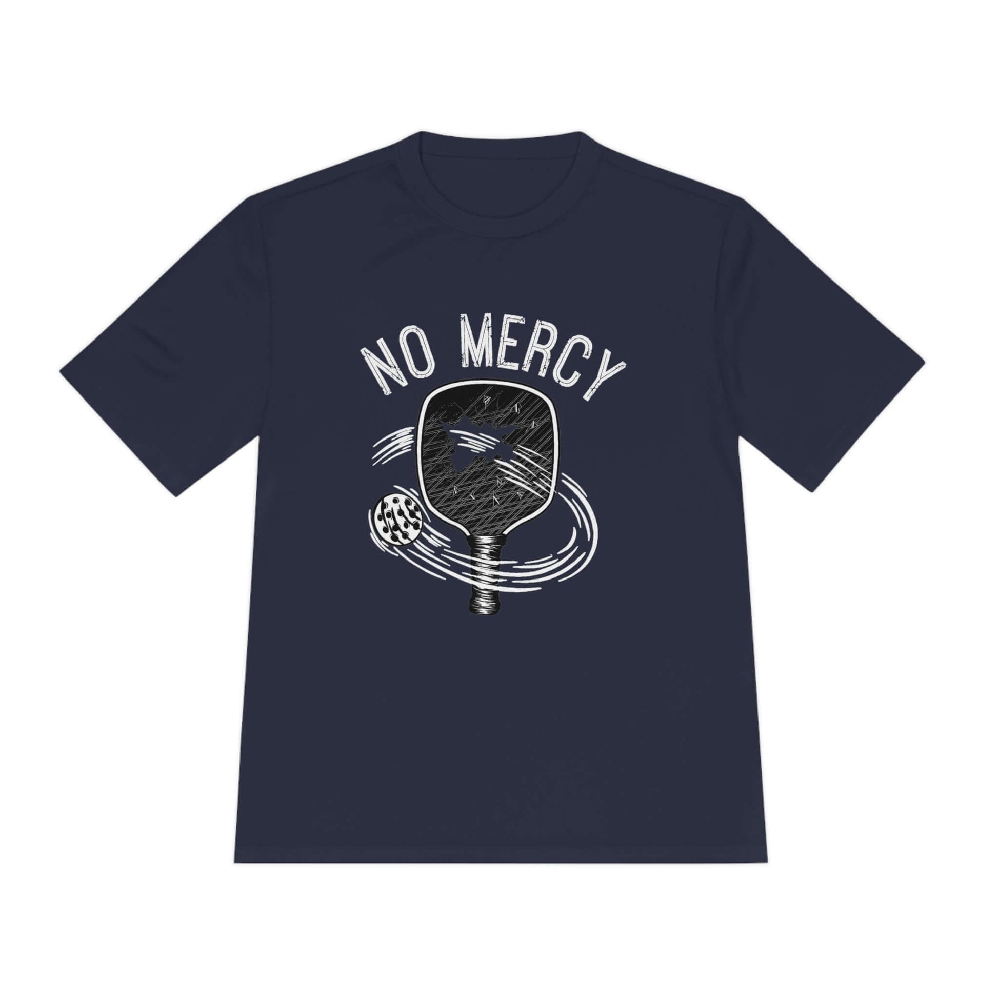"No Mercy Pickleball Performance T-Shirt in navy with paddle and ball design, dry-fit moisture-wicking for optimal comfort"