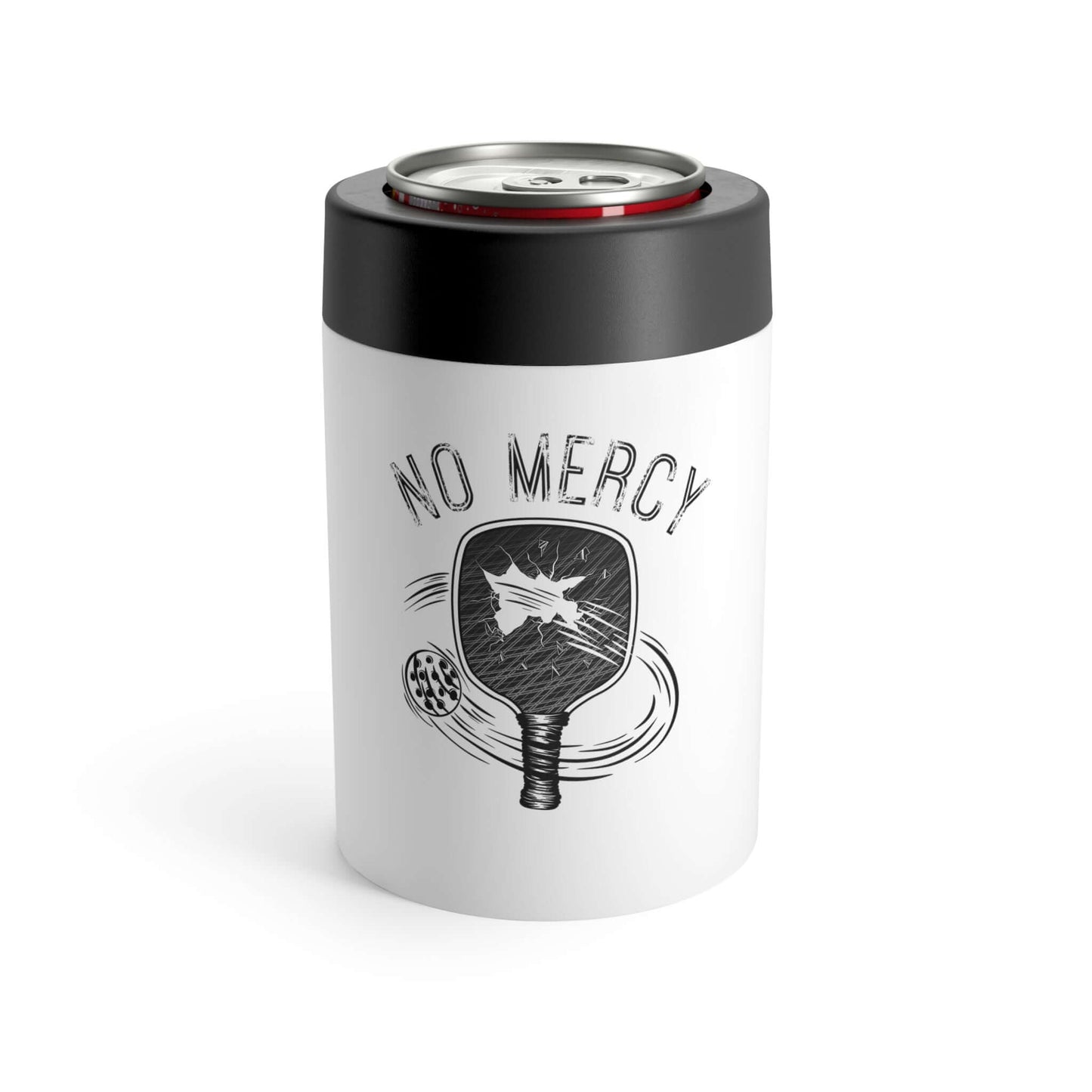 No Mercy Pickleball Series can holder with anti-slip grip and pickleball paddle design on stainless steel, shown with drink can.