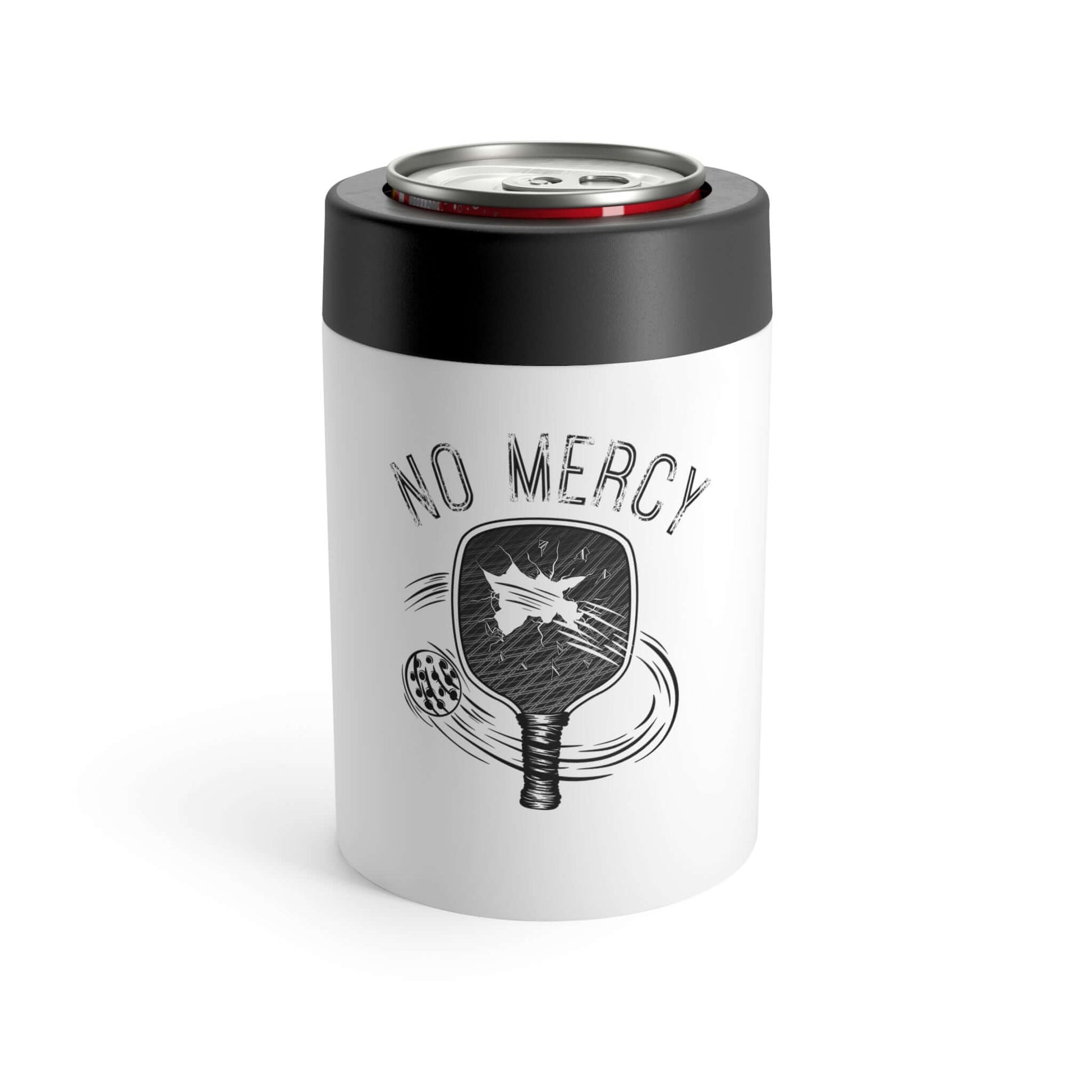 No Mercy Pickleball Series can holder with anti-slip grip and pickleball paddle design on stainless steel, shown with drink can.