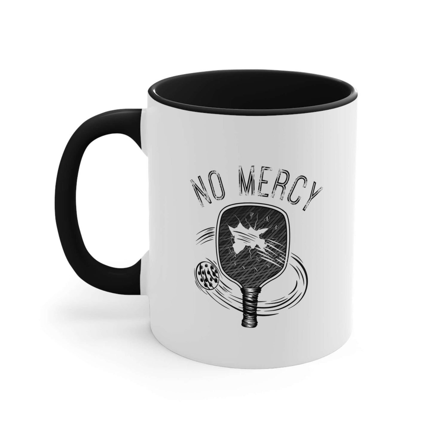 "No Mercy Pickleball Accent Coffee Mug 11oz with paddle graphic, perfect for pickleball enthusiasts, sturdy ceramic design."