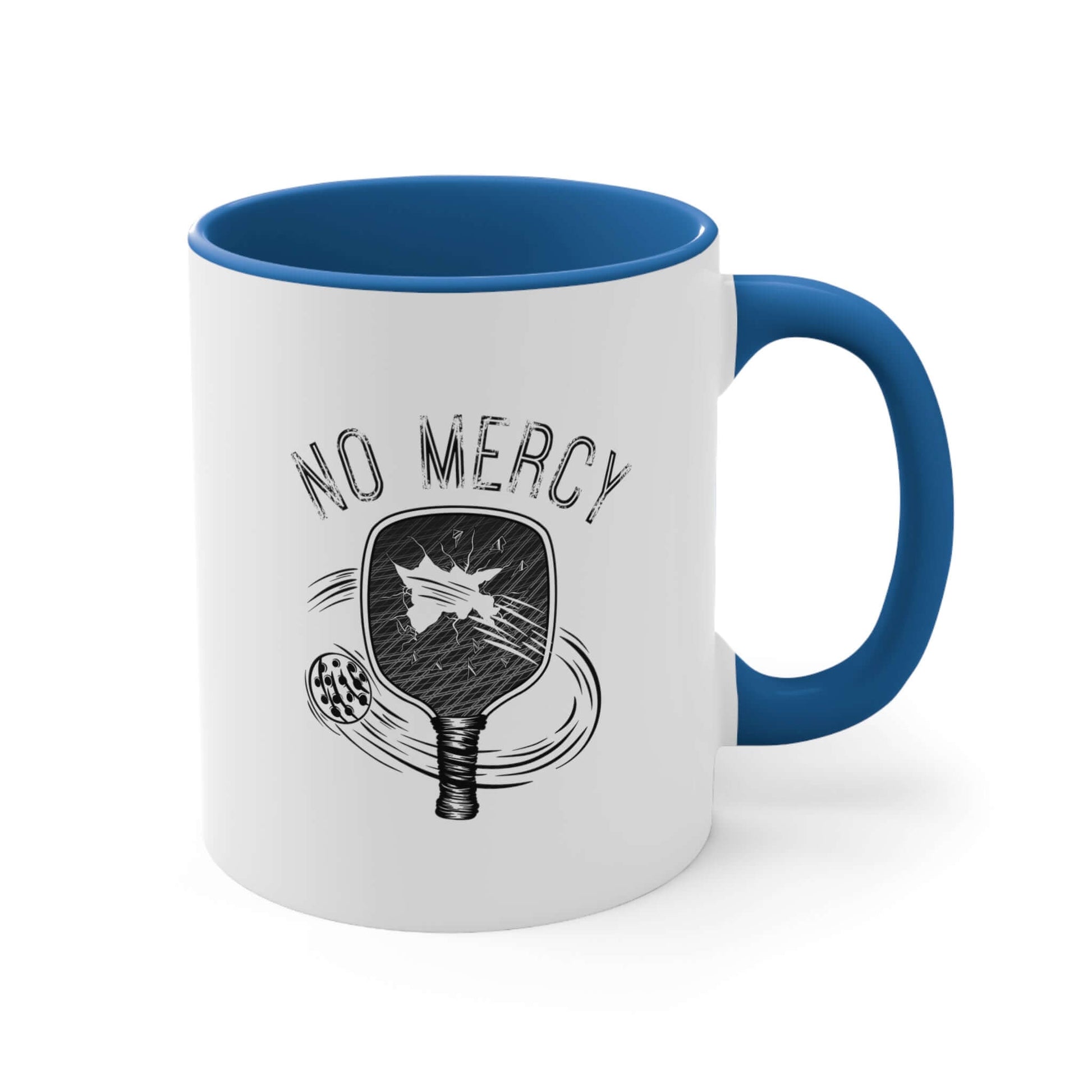 "No Mercy Pickleball Accent Coffee Mug, 11oz, featuring pickleball paddle design, perfect for pickleball enthusiasts, BPA-free ceramic mug"