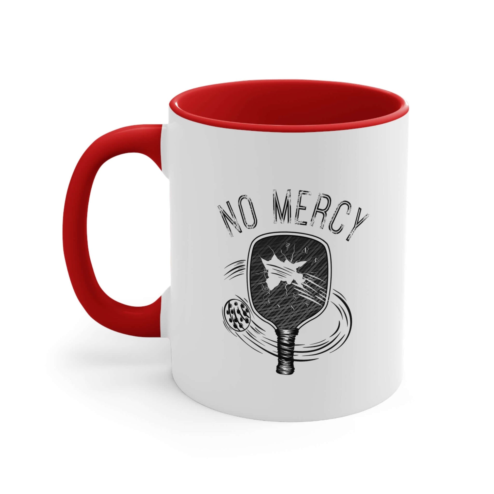 "No Mercy Pickleball Series Accent Coffee Mug with red handle and pickleball paddle design"