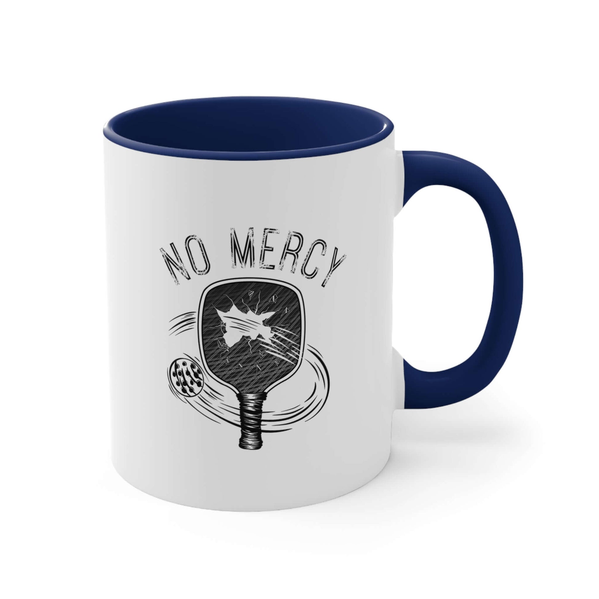 "No Mercy Pickleball ceramic coffee mug, 11oz with blue handle, perfect for pickleball enthusiasts, BPA and lead-free."