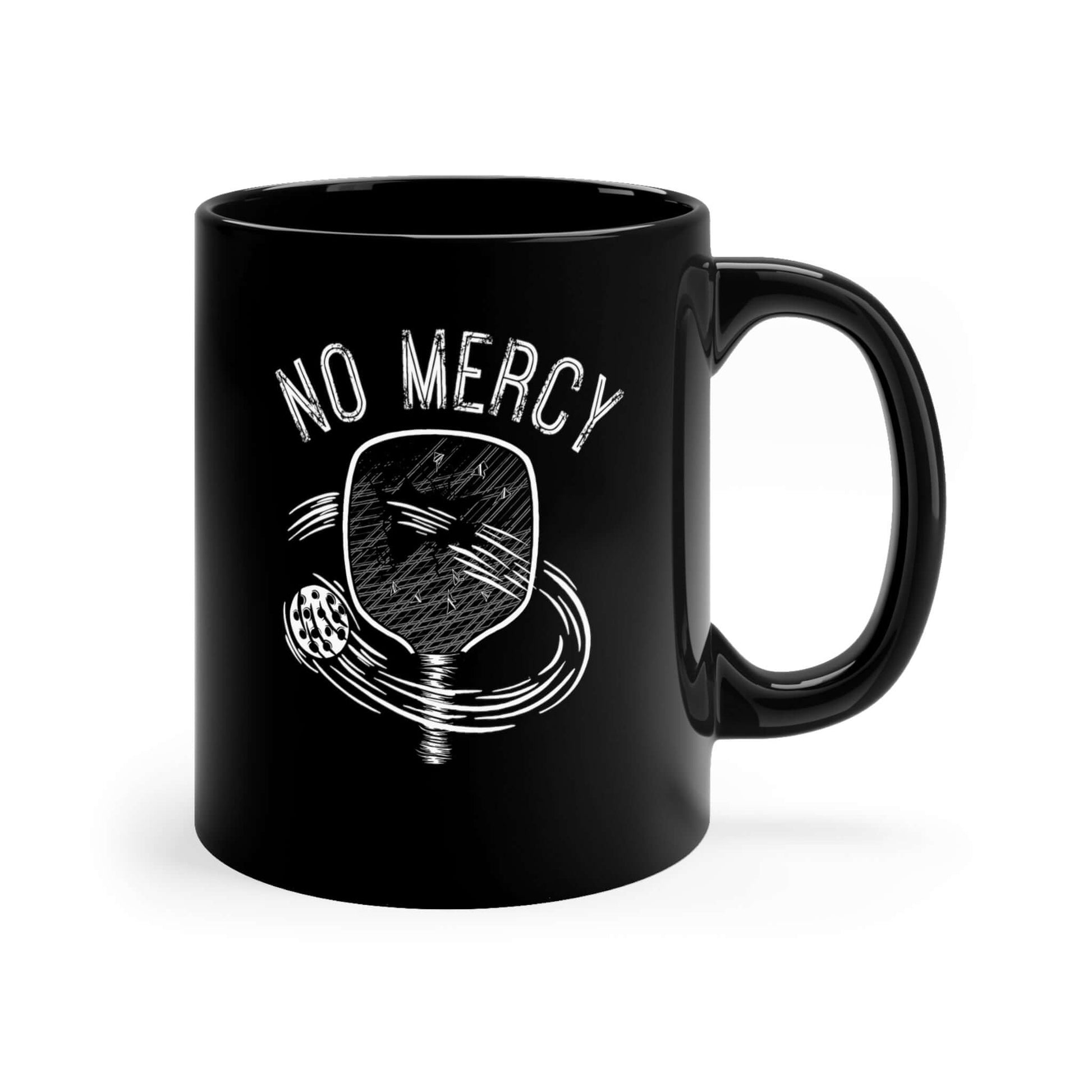 Black ceramic mug with "No Mercy" pickleball design, 11oz capacity, perfect for coffee or tea, microwave and dishwasher safe.
