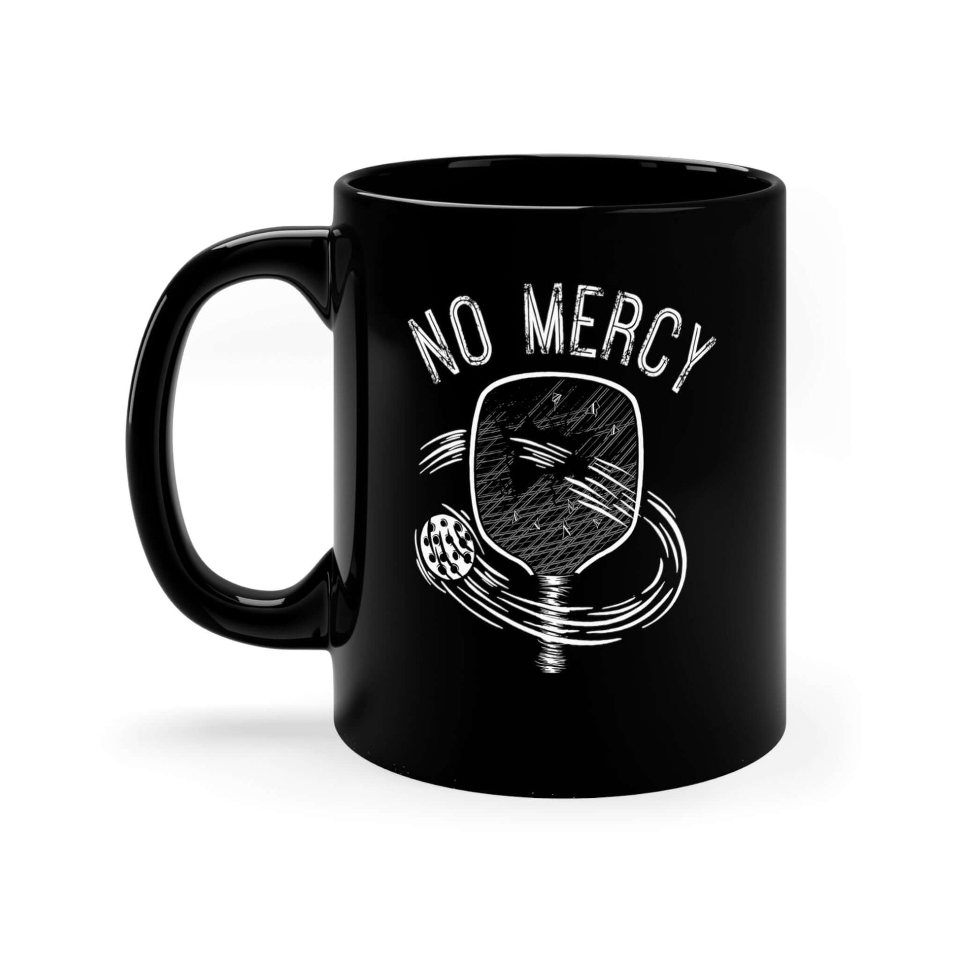 Black ceramic mug with "No Mercy" pickleball design, 11oz capacity, microwave and dishwasher safe.