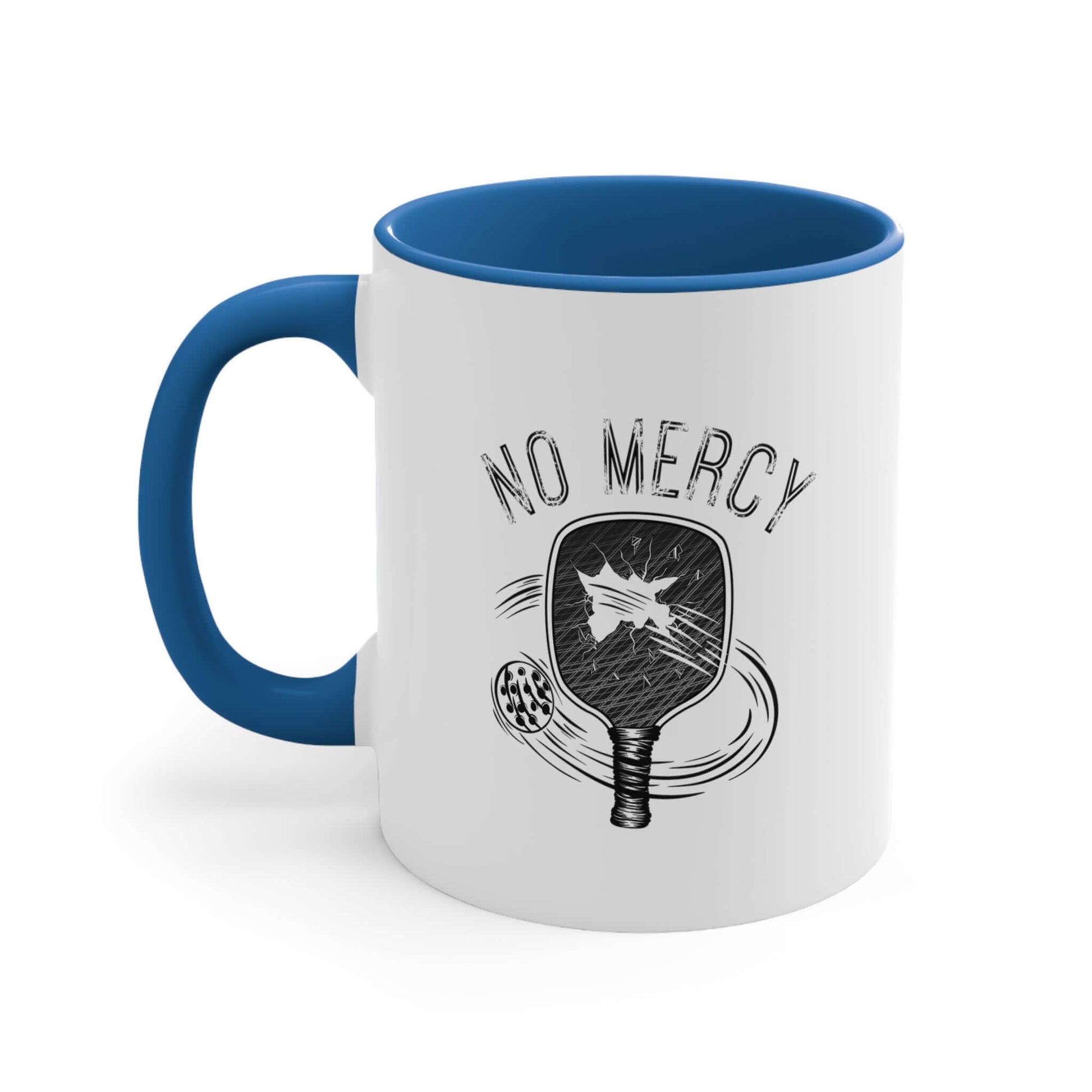 Ceramic coffee mug with "No Mercy" pickleball design, blue accent, 11 oz capacity, perfect for pickleball enthusiasts.