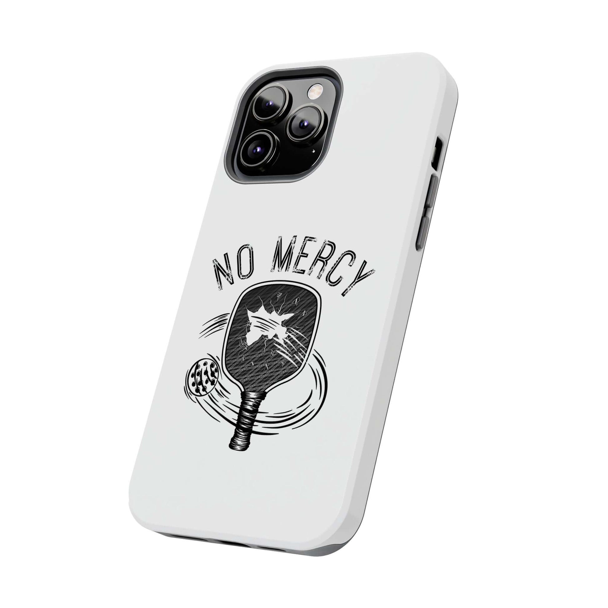 "No Mercy Pickleball Series tough dual-layer phone case for Apple iPhone by RND Power Solutions featuring pickleball design"