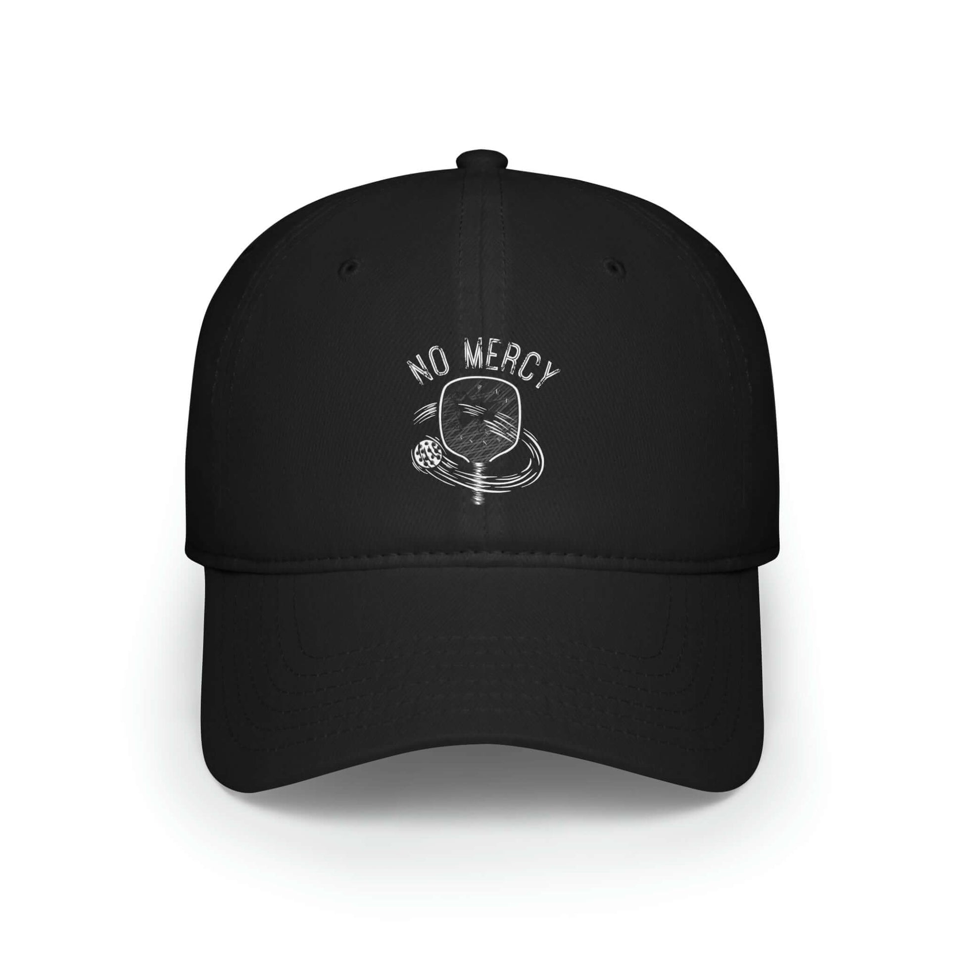 Black low-profile baseball cap featuring "No Mercy" design, perfect for pickleball enthusiasts seeking stylish sportswear.