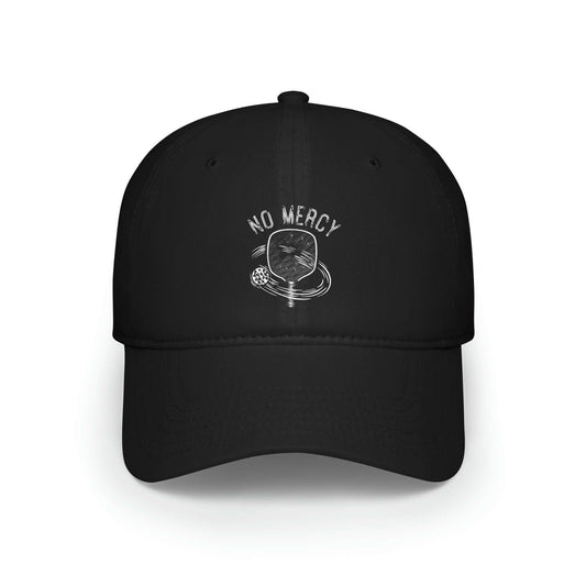 Black low-profile baseball cap featuring "No Mercy" design, perfect for pickleball enthusiasts seeking stylish sportswear.