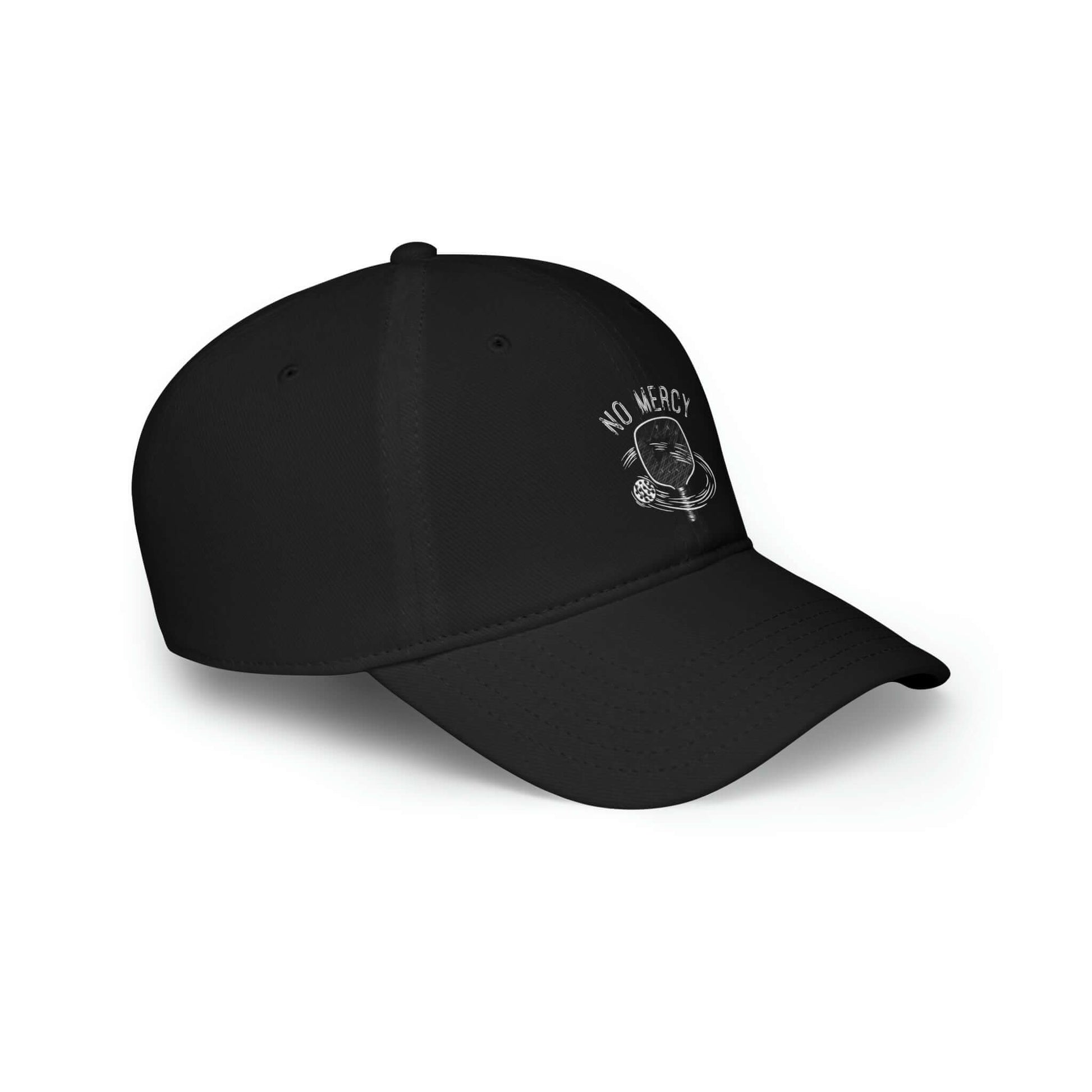Black No Mercy Pickleball low-profile baseball cap with embroidered logo, perfect for sports enthusiasts, made from 100% cotton.
