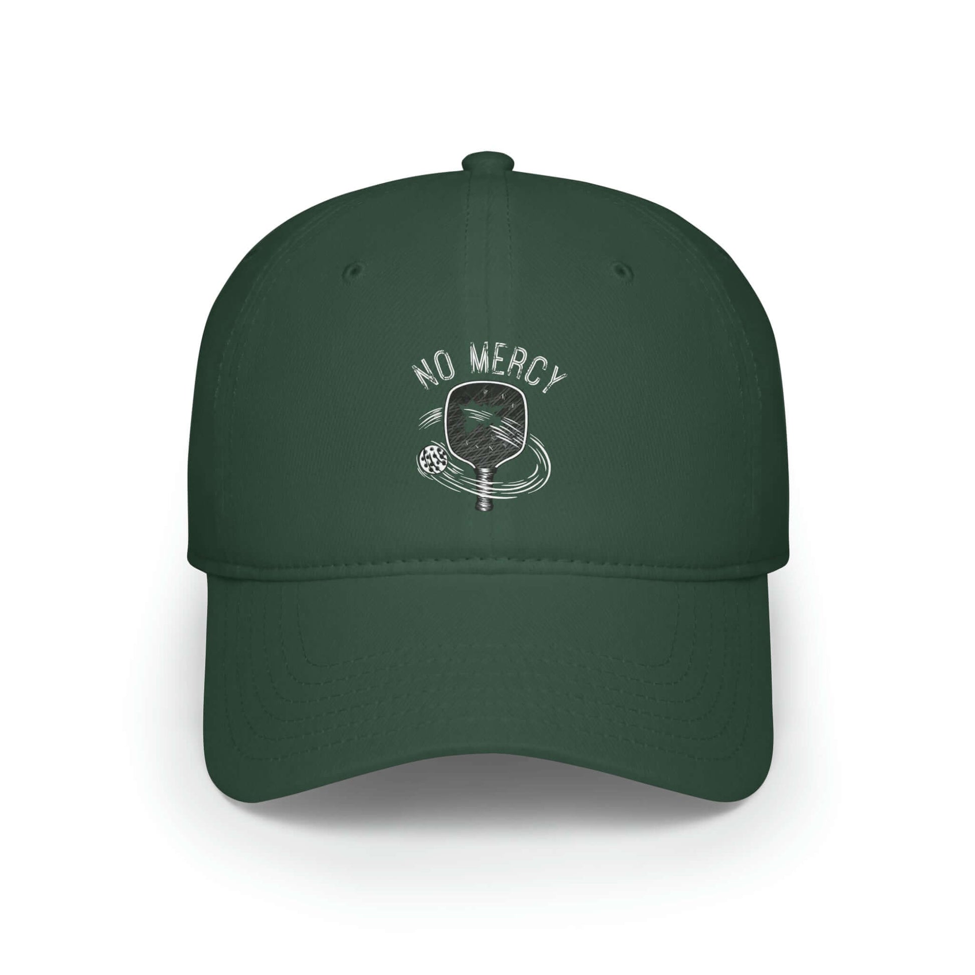 No Mercy Pickleball Series low profile green baseball cap, 100% cotton, 6-panel structured design, front view.