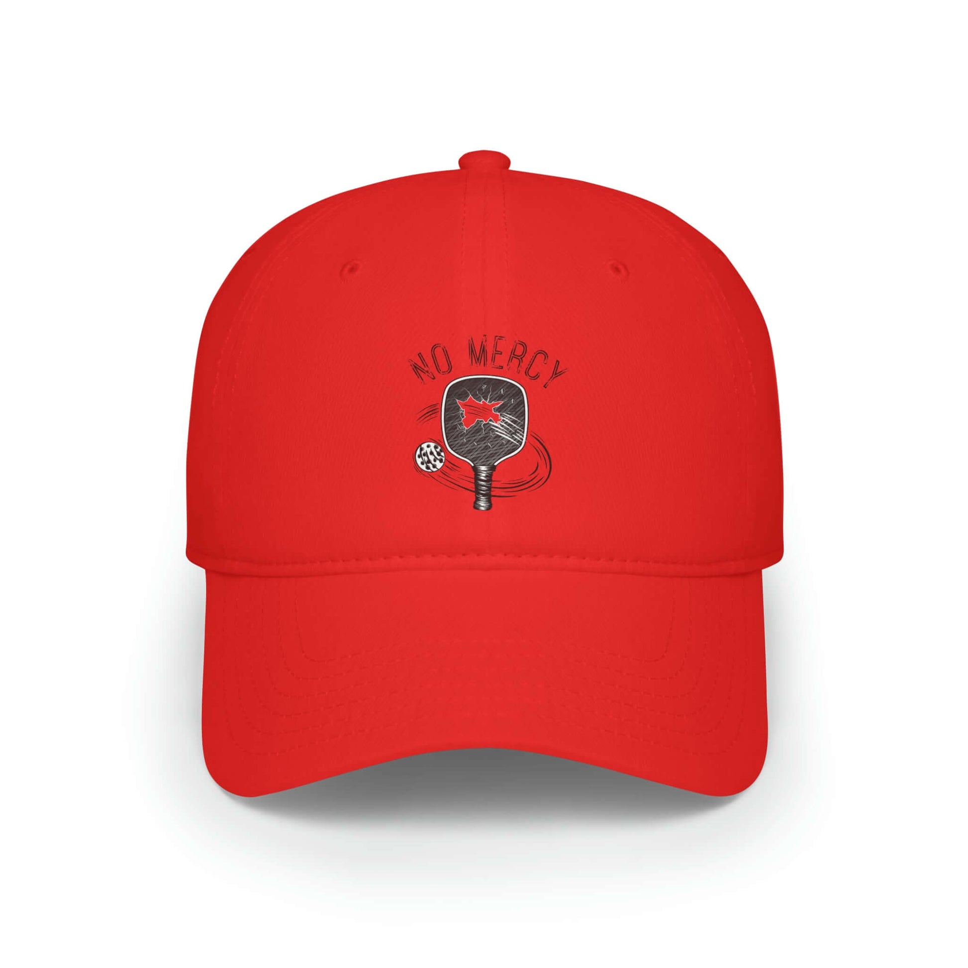 Red No Mercy Pickleball Series low-profile baseball cap, 100% cotton, perfect for sports enthusiasts and court style.