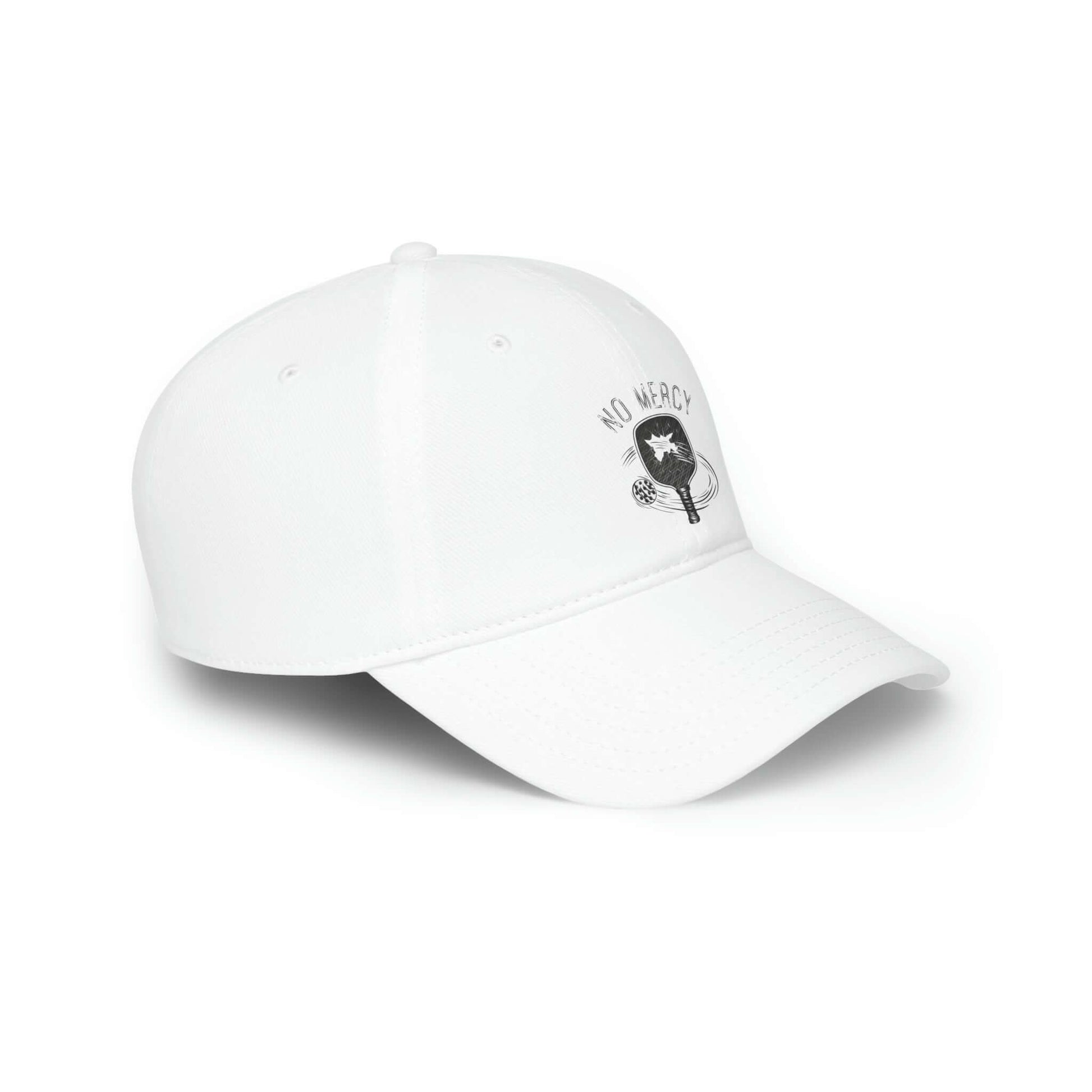 White No Mercy Pickleball low profile baseball cap made of 100% cotton, featuring a structured 6-panel design.