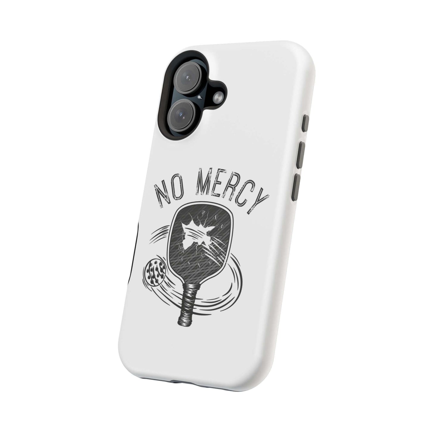 No Mercy Pickleball MagSafe Tough Phone Case for iPhone with paddle design, white polycarbonate shell, dual-layer protection.