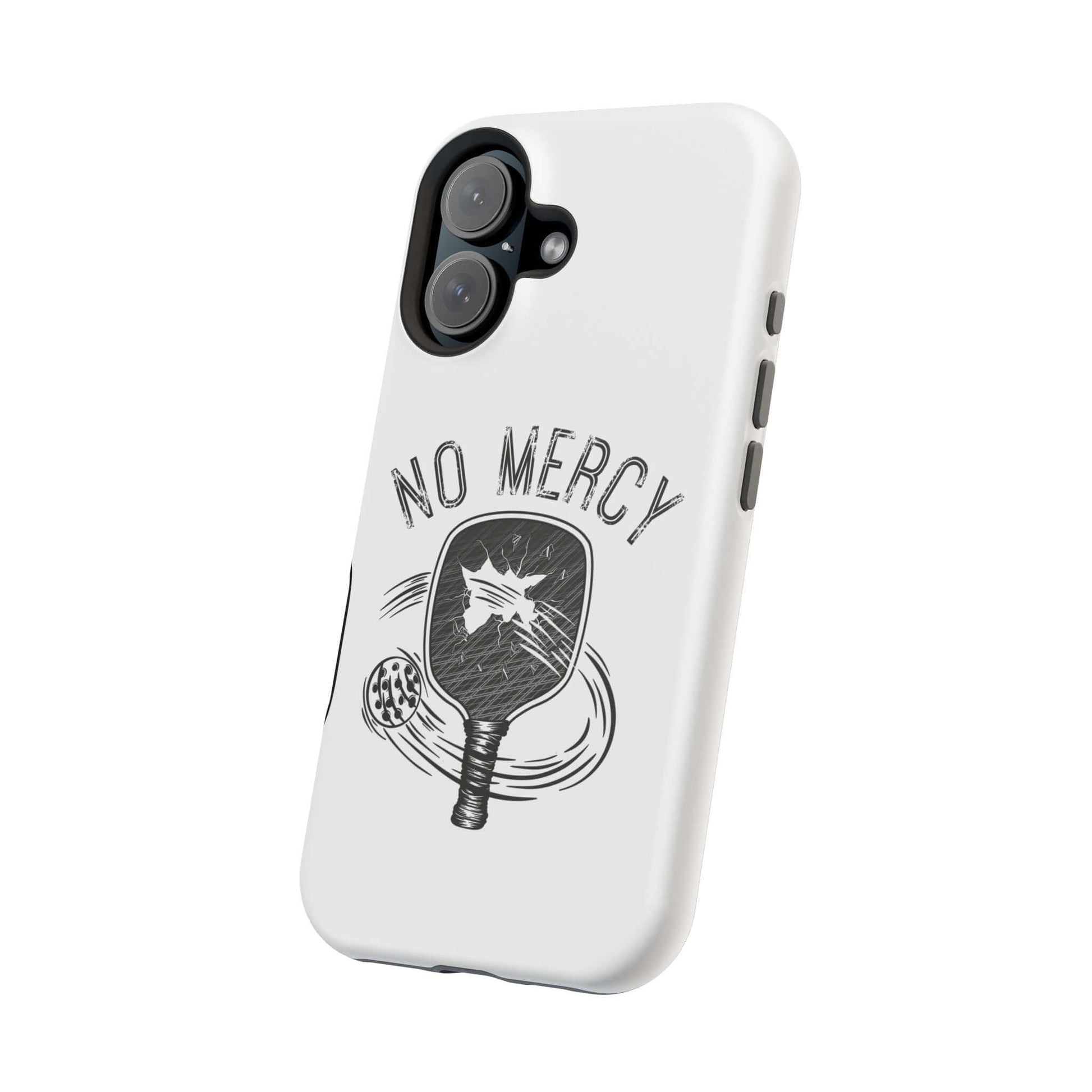 No Mercy Pickleball MagSafe Tough Phone Case for iPhone with paddle design, white polycarbonate shell, dual-layer protection.