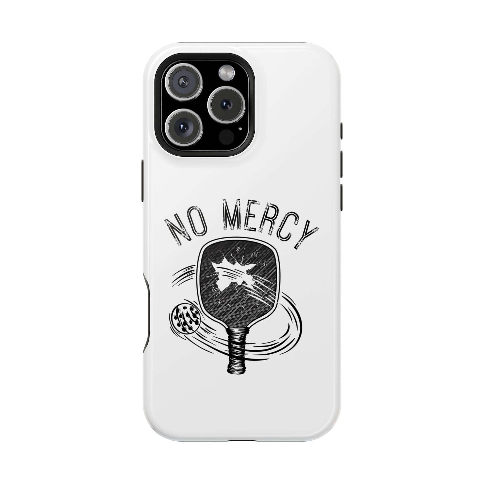 No Mercy Pickleball MagSafe tough dual-layer iPhone case with paddle design and impact-resistant polycarbonate shell.