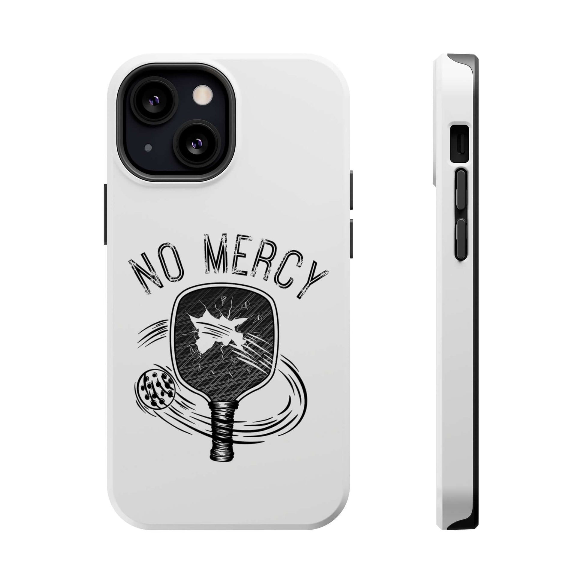 No Mercy Pickleball Series MagSafe tough dual-layer iPhone case with paddle design, showcasing durability and style.