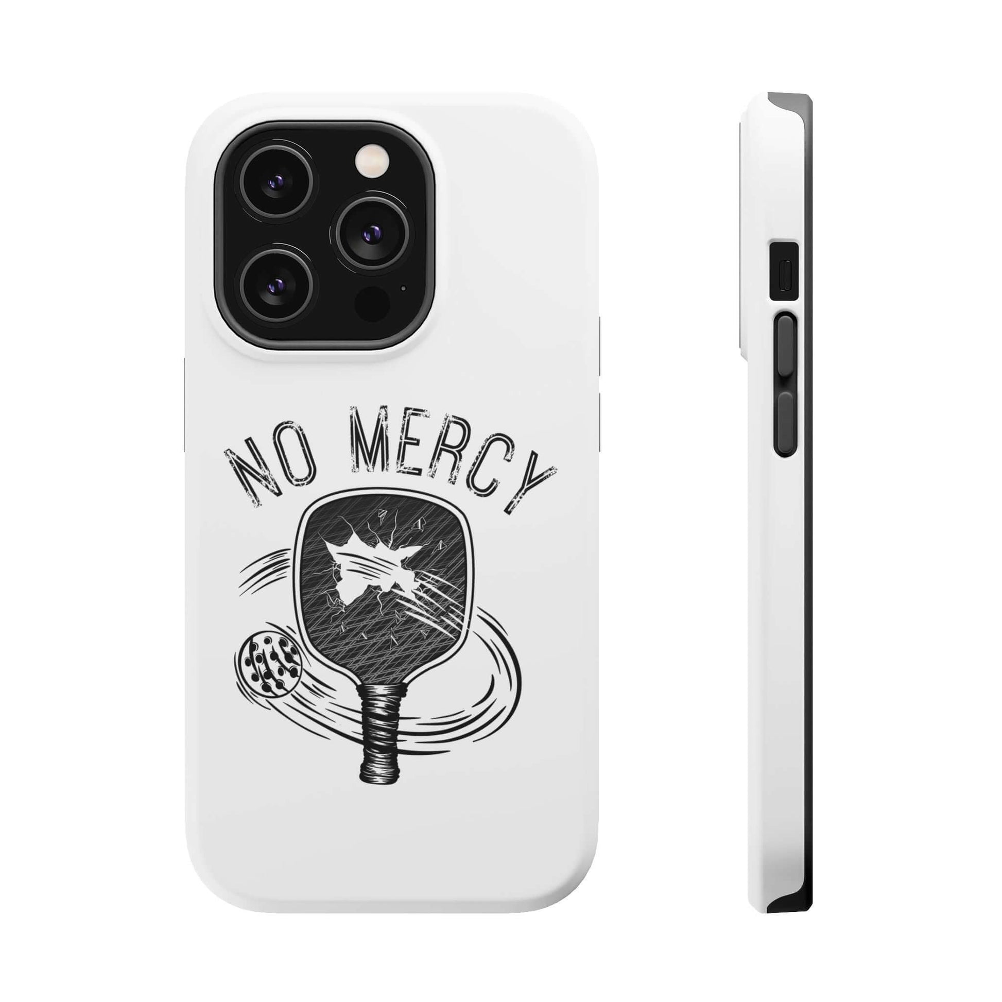 No Mercy Pickleball Series MagSafe Tough Dual-Layer Phone Case for iPhone featuring pickleball paddle design on white background.