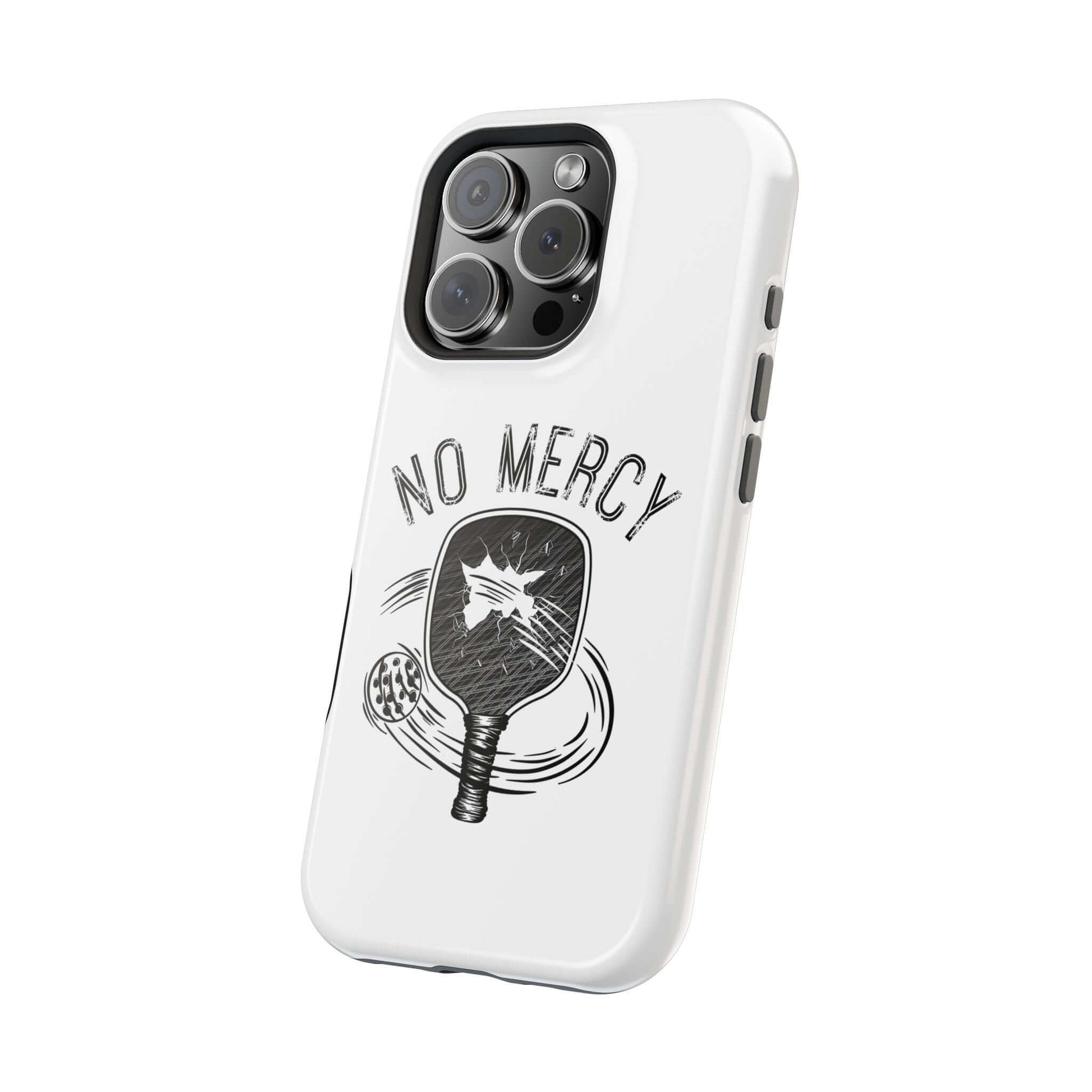 "No Mercy Pickleball iPhone case with MagSafe, tough dual-layer design in white with pickleball paddle graphic."