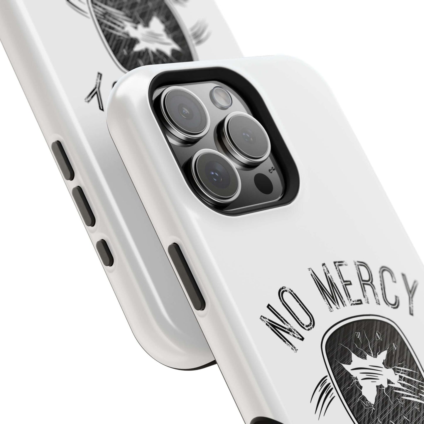 No Mercy Pickleball MagSafe iPhone case with durable polycarbonate and TPU layers, featuring a stylish white design.
