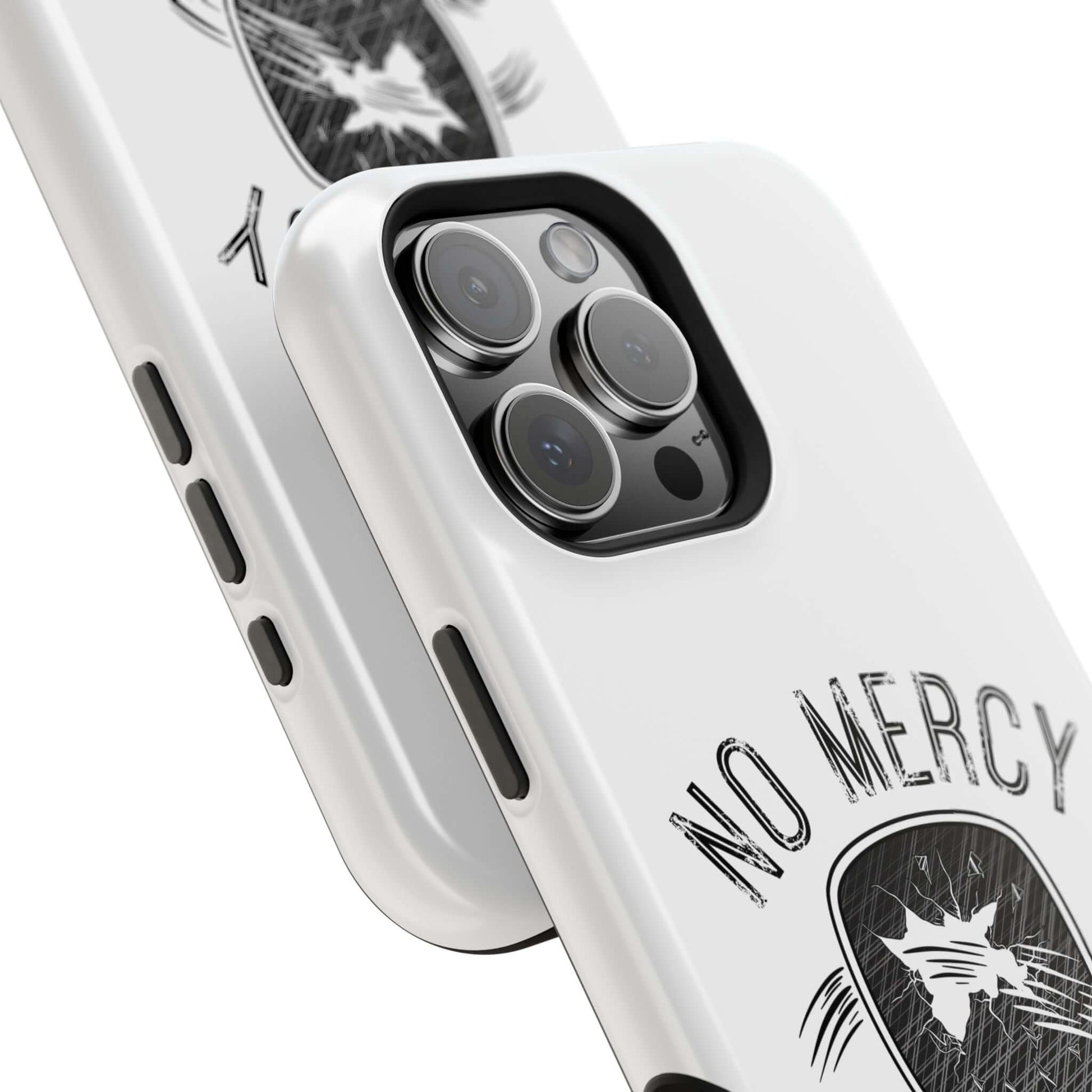 No Mercy Pickleball MagSafe iPhone case with durable polycarbonate and TPU layers, featuring a stylish white design.