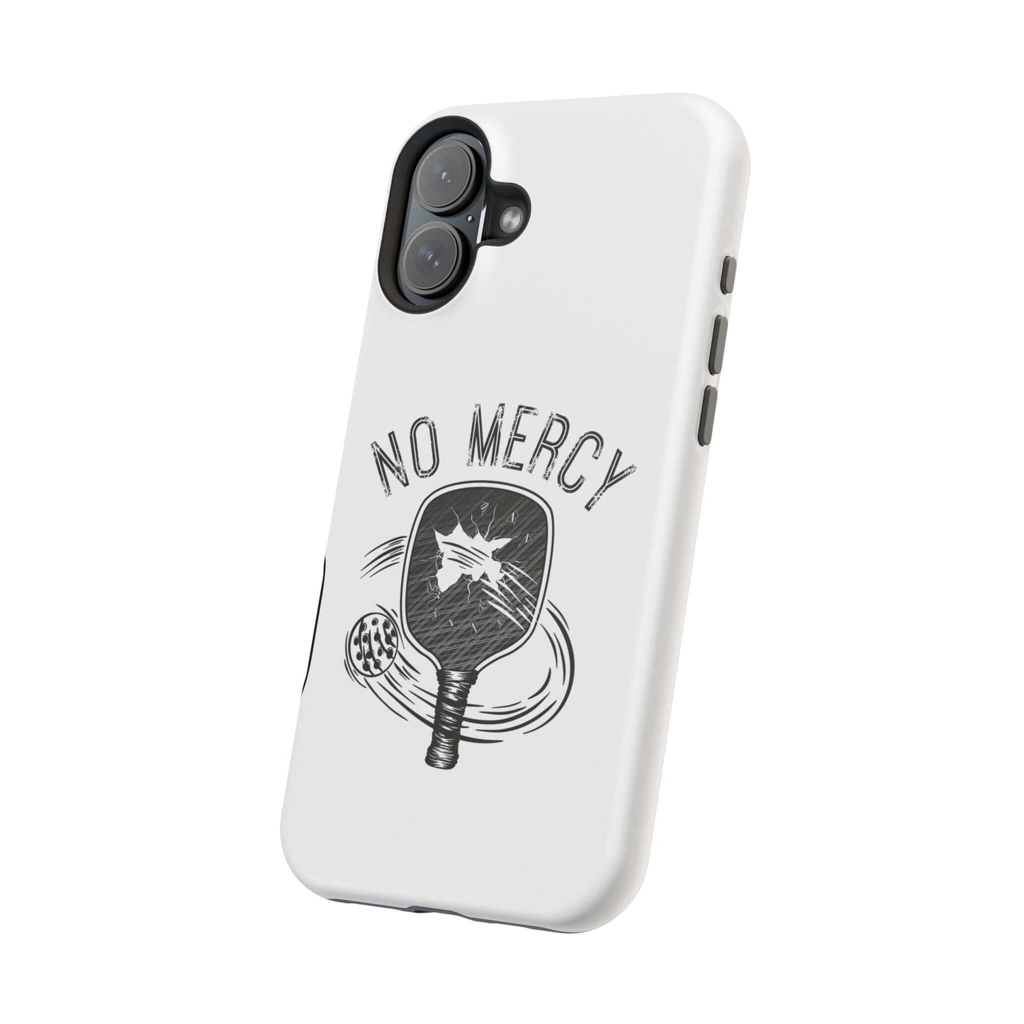 No Mercy Pickleball Series MagSafe phone case with paddle graphic for iPhone, tough dual-layer design in white.