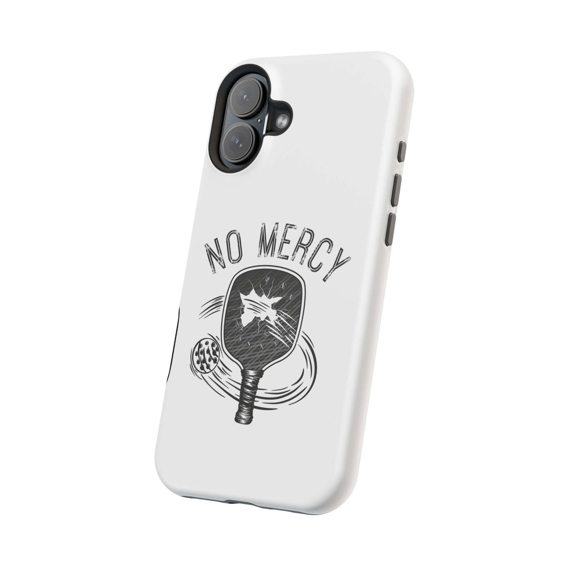No Mercy Pickleball Series MagSafe phone case with paddle graphic for iPhone, tough dual-layer design in white.
