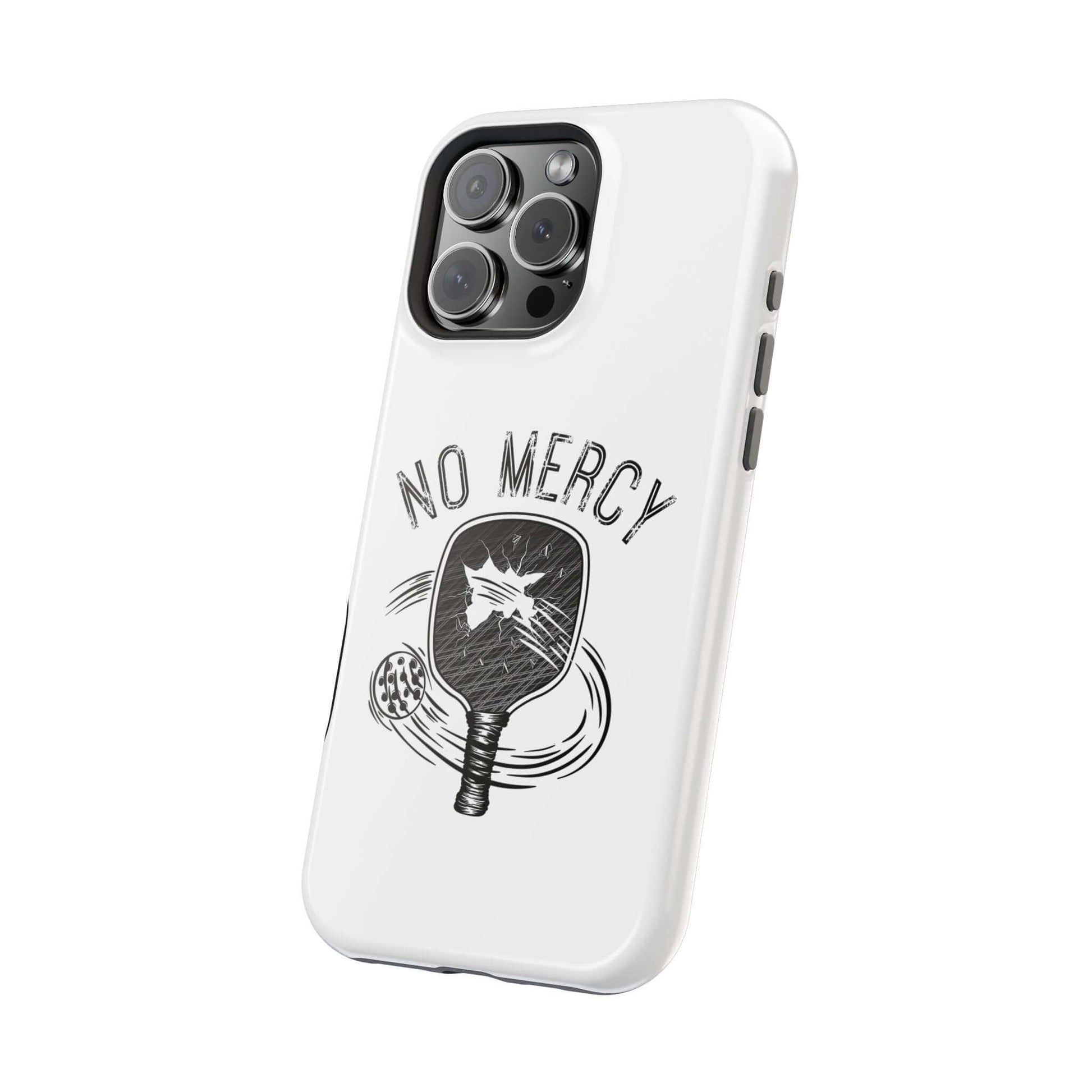 No Mercy Pickleball MagSafe iPhone case with durable polycarbonate and TPU layers, featuring stylish pickleball paddle design.