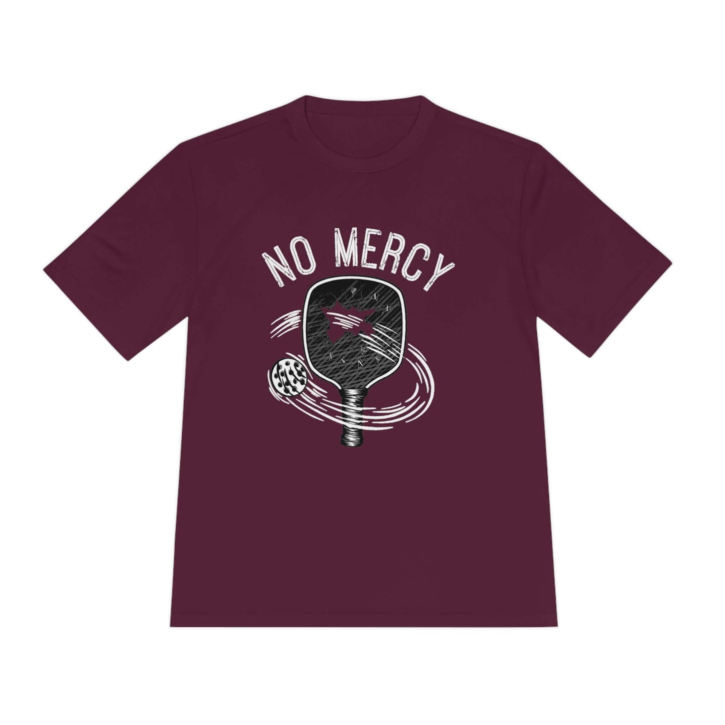 Maroon No Mercy Pickleball Performance T-Shirt with paddle and ball design, dry-fit moisture-wicking fabric for serious players.