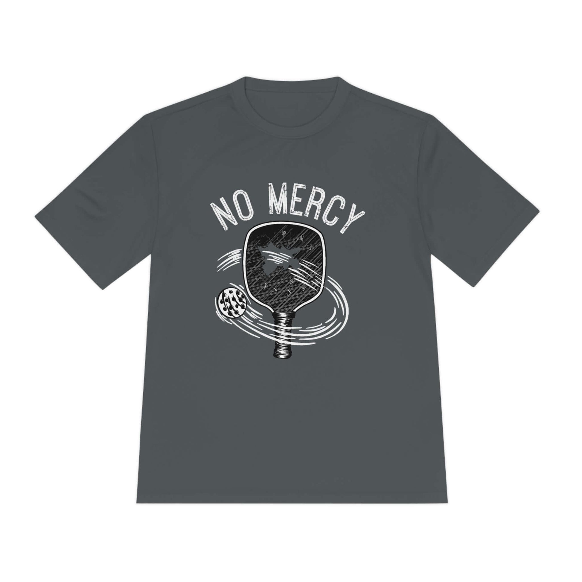 "No Mercy Pickleball Series Performance T-Shirt in gray with dry-fit and moisture-wicking features, designed for serious players"