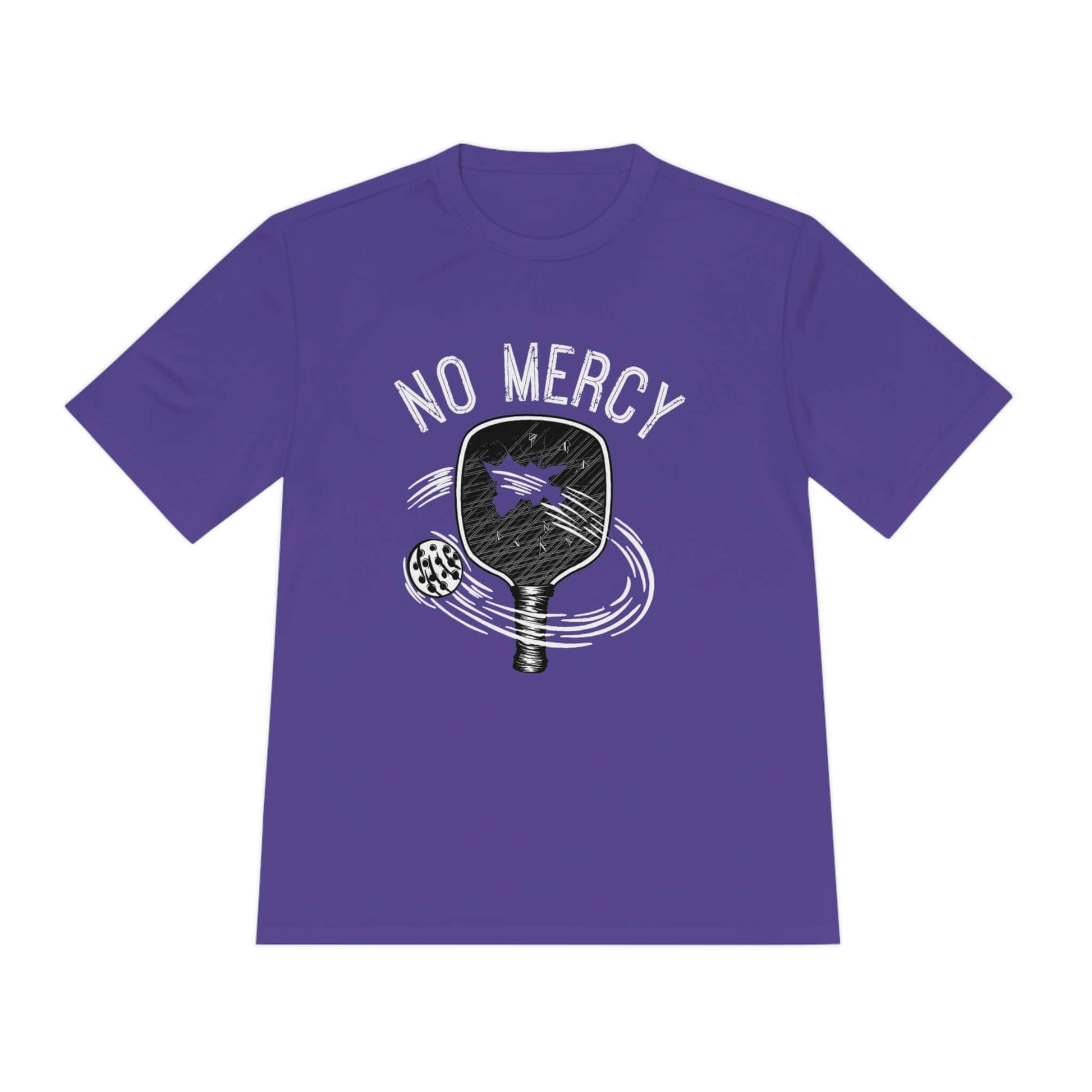 "Purple No Mercy Pickleball Performance T-Shirt with Paddle Graphic"