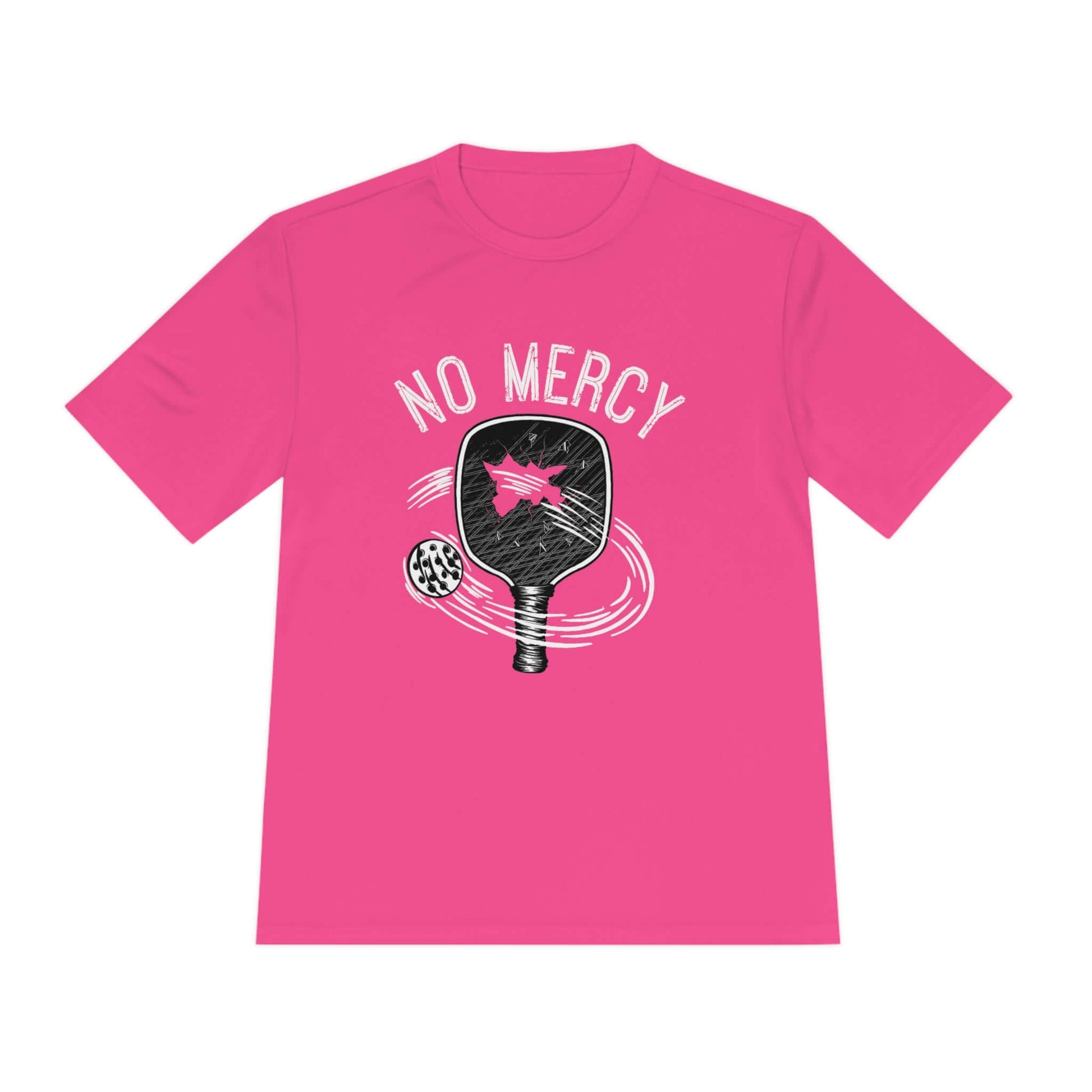 Pink "No Mercy" Pickleball Performance T-Shirt with paddle and ball design, perfect for style and moisture-wicking comfort.