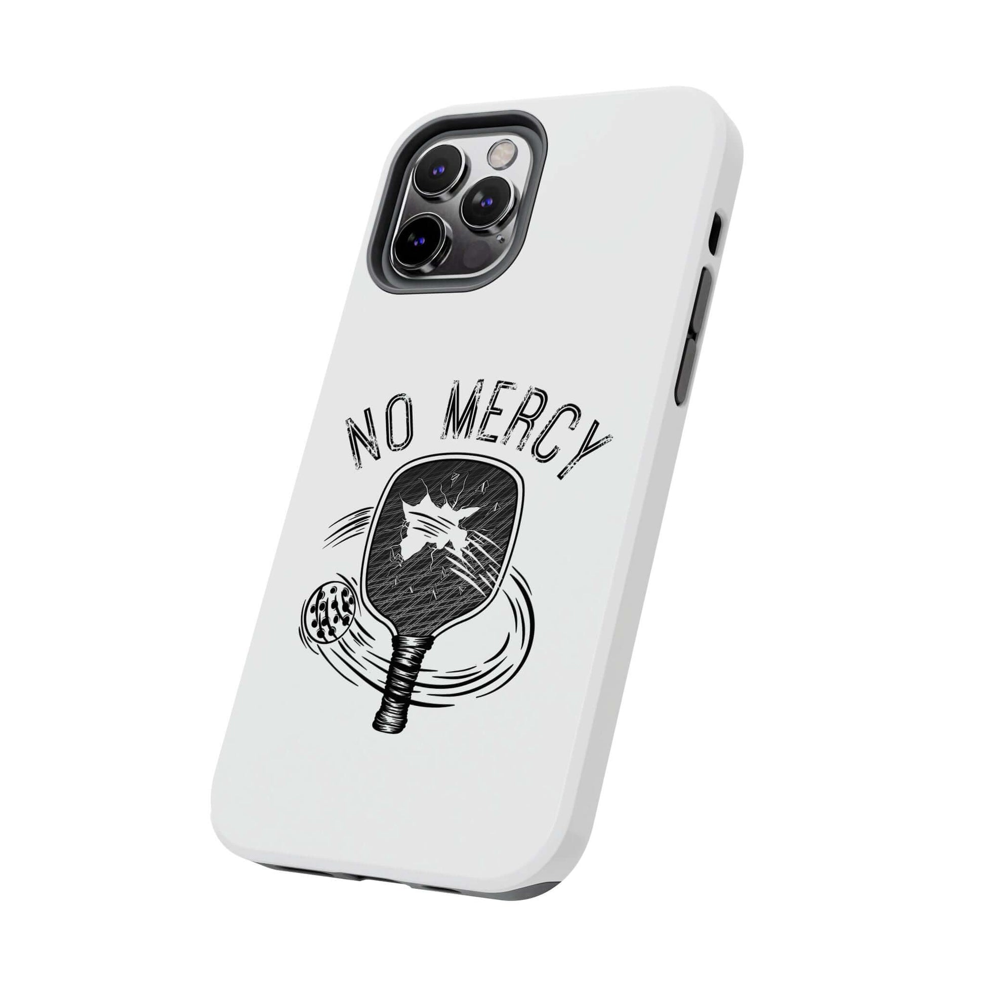 No Mercy Pickleball Series dual-layer phone case for Apple iPhone featuring pickleball paddle graphic design.