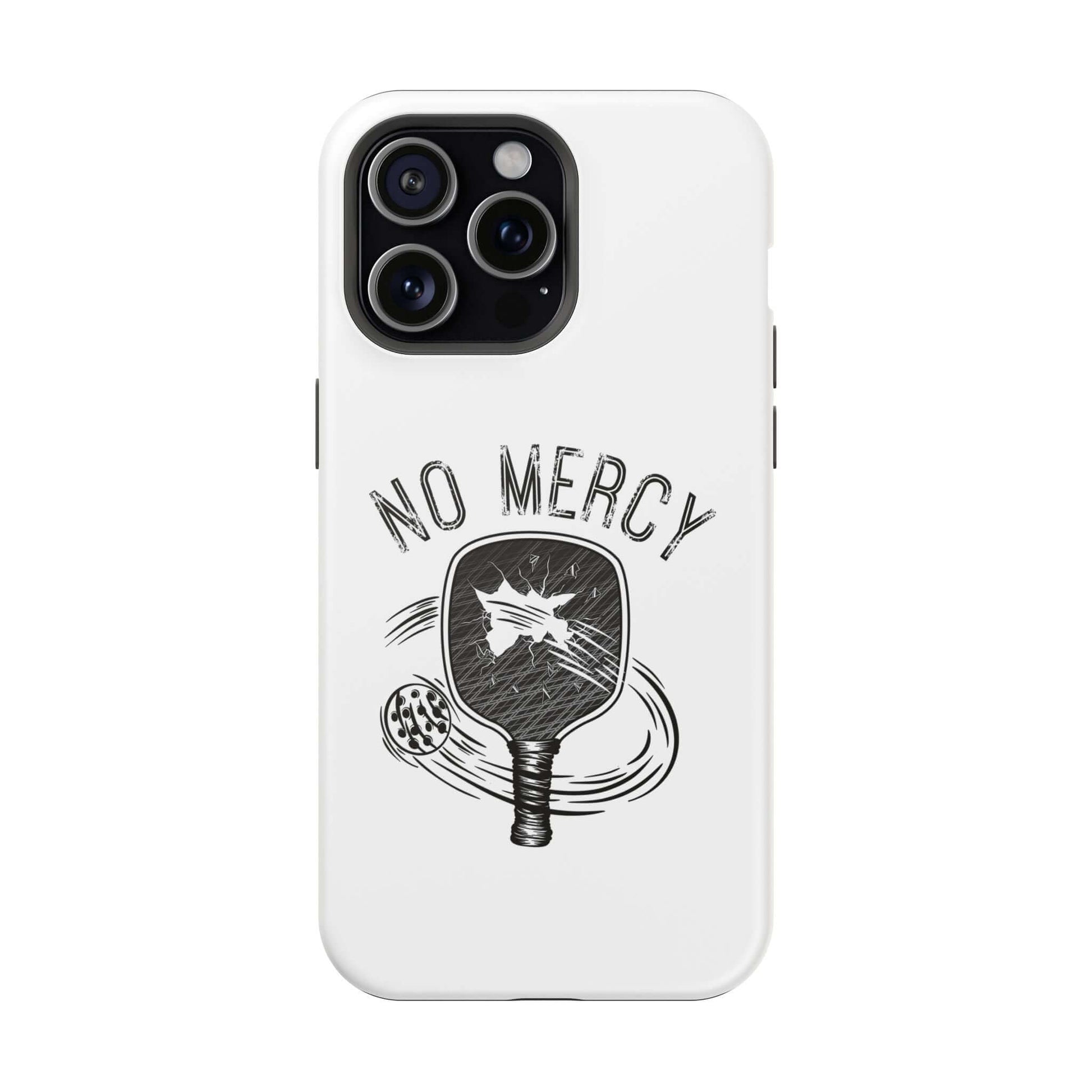 No Mercy Pickleball Series MagSafe dual-layer iPhone case with paddle design in white.