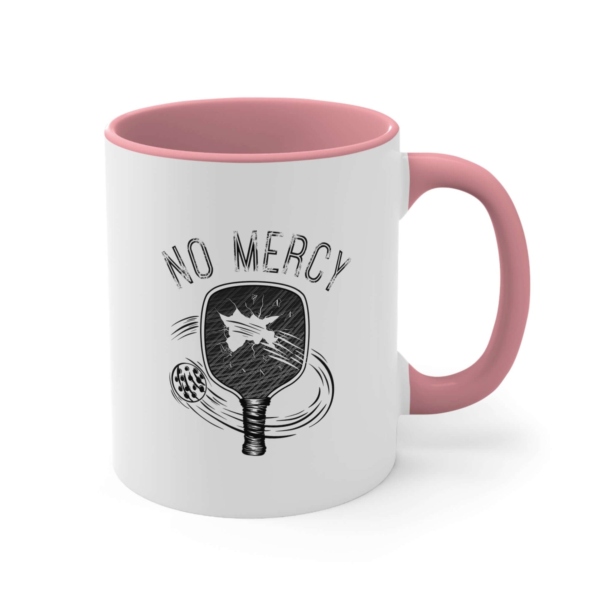 "No Mercy Pickleball Accent Coffee Mug, 11oz, white ceramic with pink interior, perfect for pickleball enthusiasts"