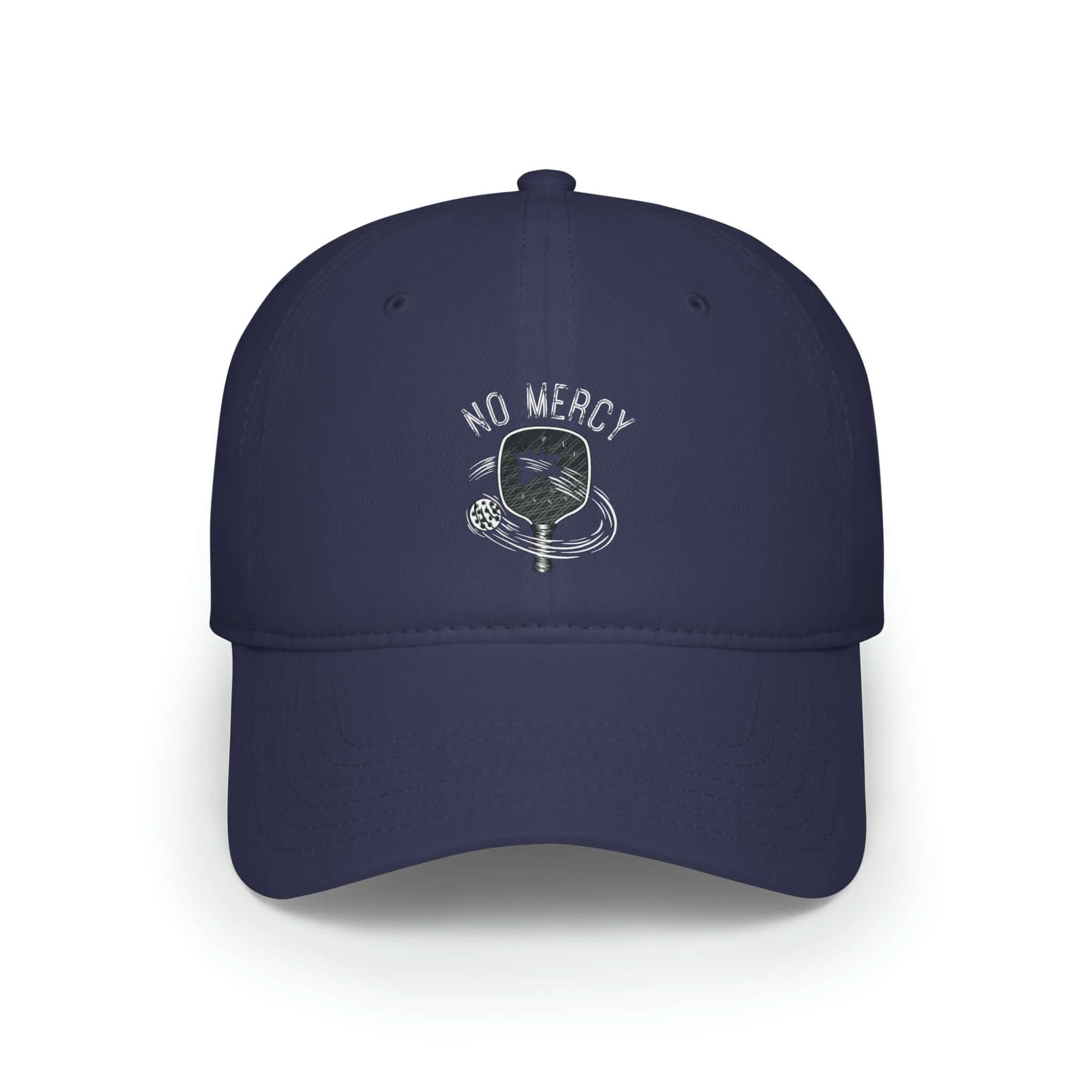 "No Mercy Pickleball low-profile baseball cap in navy blue with embroidered design"