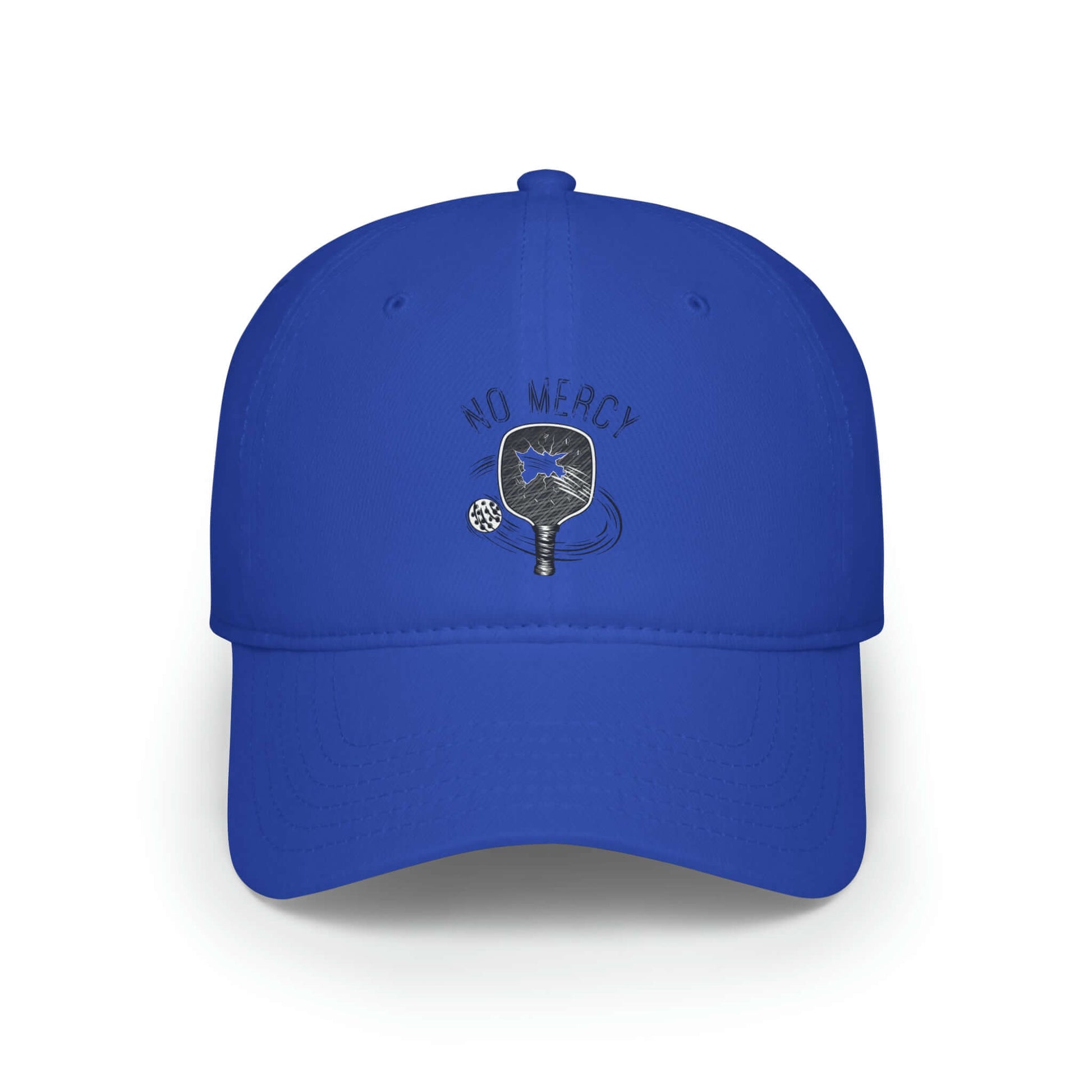 Blue No Mercy Pickleball low-profile baseball cap with embroidered logo, 100% cotton, perfect for sports enthusiasts and court style.