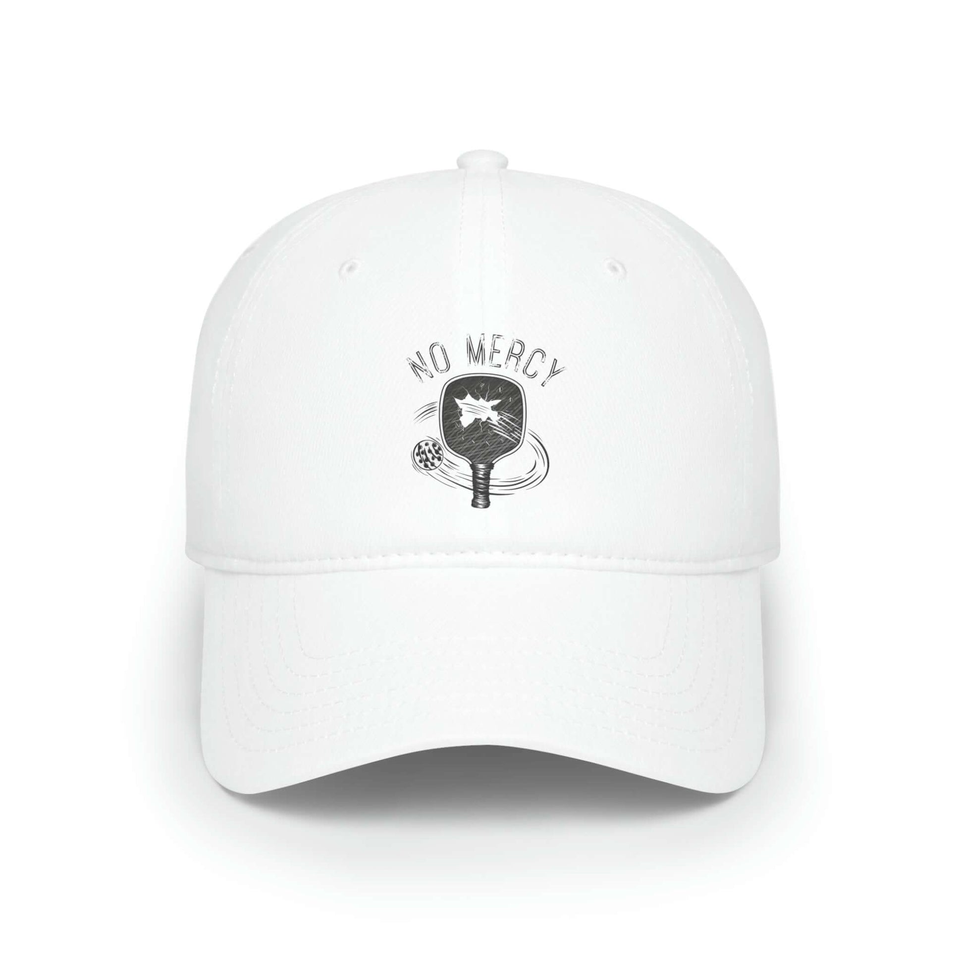 White low-profile baseball cap with "No Mercy" pickleball design, perfect for sports enthusiasts.