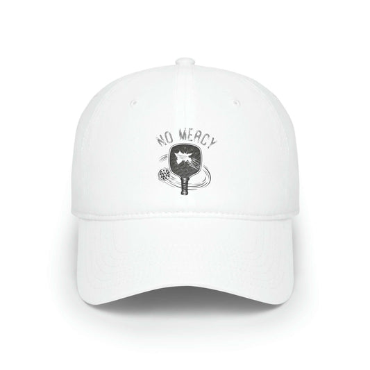White low-profile baseball cap with "No Mercy" pickleball design, perfect for sports enthusiasts.