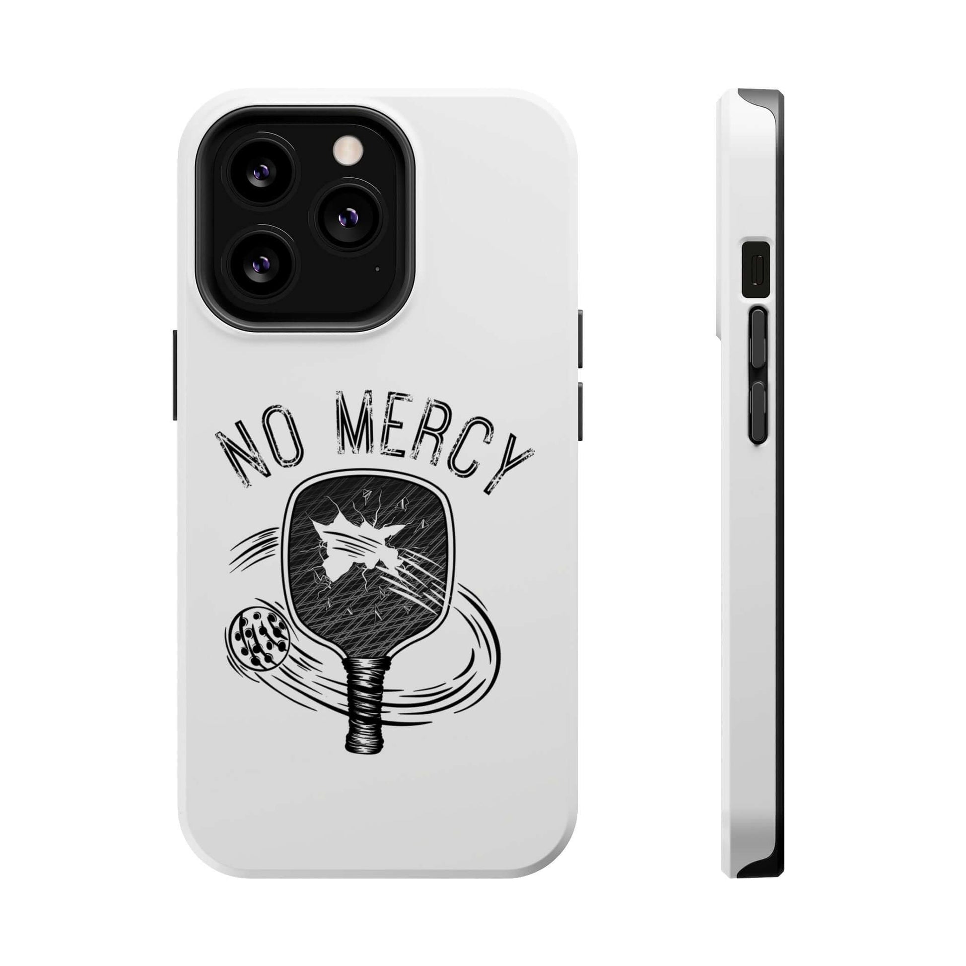 No Mercy Pickleball MagSafe iPhone case with paddle design, tough dual-layer protection, white color, sleek and functional accessory.